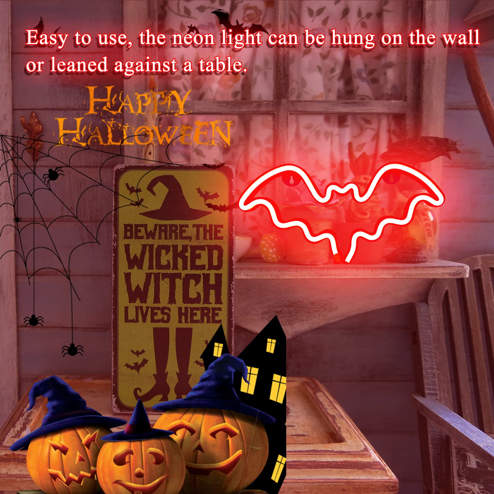 Halloween Bat Neon Sign - LED Wall Decor for Halloween Party, Bar & Room | Battery/USB Powered Bat Shape Lamp | Spooky Kids Bedroom & Outdoor Décor