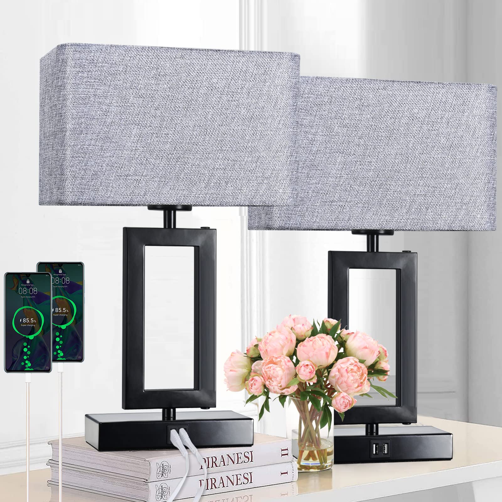 Touch Control Bedside Lamps - Set of 2 Modern Table Lamps with Dual USB Ports & 3-Way Dimmable Lighting for Nightstand, Desk, Living Room, Office & Study - Grey & Black - Perfect for Reading, Working & Creating Cozy Ambiance