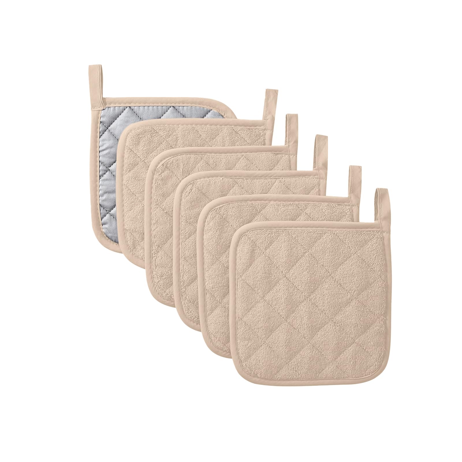 Premium Heat Resistant Cotton Kitchen Pot Holders Set - 6 Pack 7x7 Inch Dark Beige Potholders with Trivets & Hot Pads for Cooking, Baking & Serving - Oven Mitts Alternative for Everyday Kitchen Use