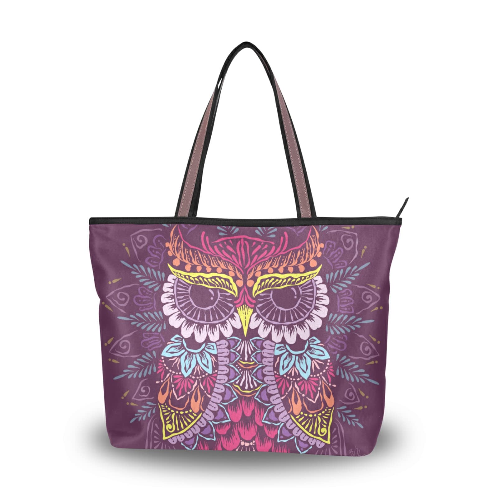Stylish Mandala Owl Tote Bag for Women - Large Capacity Zipper Grocery Bag, Durable Shopping Purse for Daily Use (2 Size Options) | Perfect for Grocery Shopping, Beach Trips & Work Commute