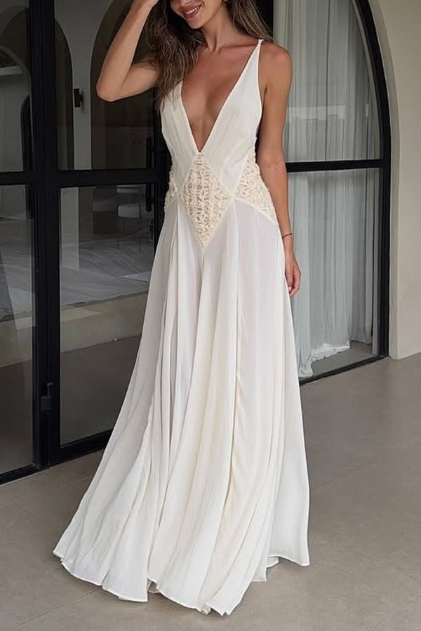 Venus By The Sea Tulle Lace Patchwork Backless Flowy Maxi Dress for Women - Elegant Beach Wedding Guest Dress & Summer Party Gown