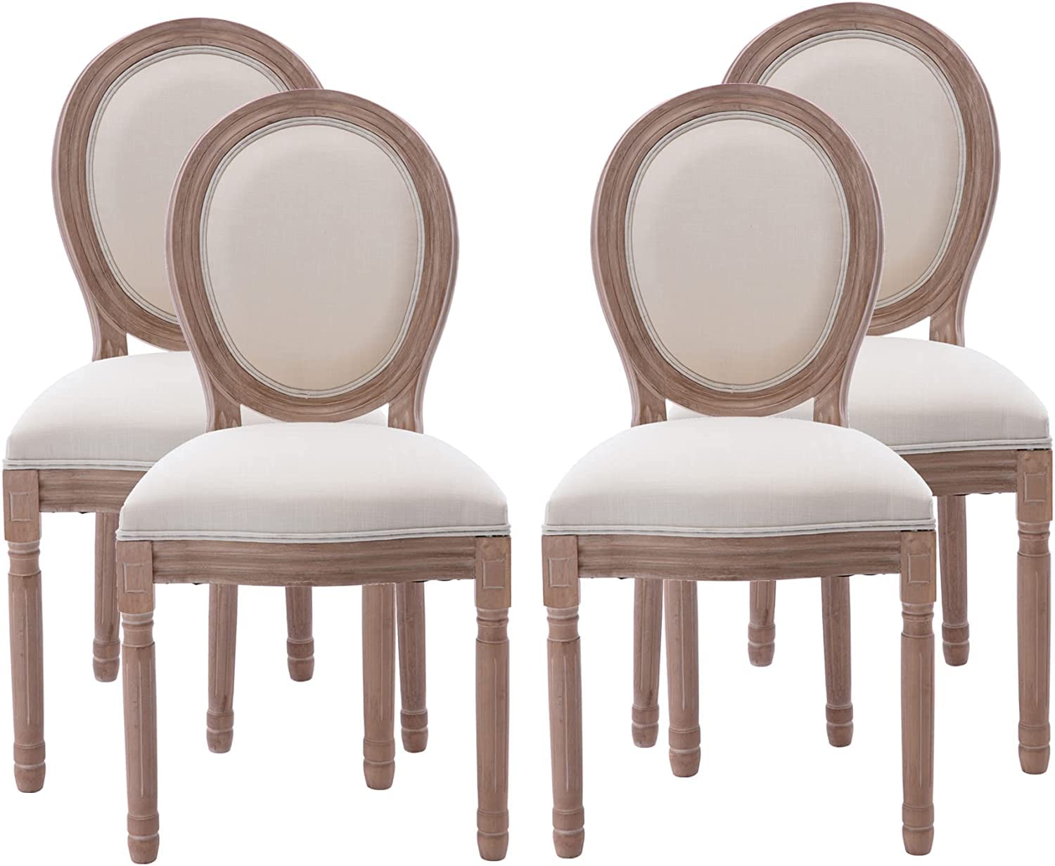 Nrizc Set of 4 French Country Dining Chairs - Vintage Farmhouse Style with Round Back & Solid Wood Frame - Beige Fabric Upholstered Kitchen, Bedroom, Dining Room Chairs for Home Decor & Entertaining