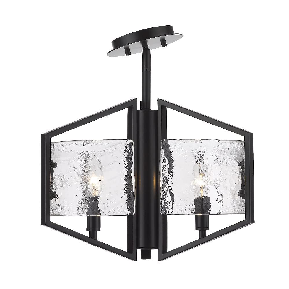 Varska Semi-Flush Mount Ceiling Light Fixture - Matte Black Finish with Hammered Water Glass Shade - Perfect for Bedroom, Living Room, and Dining Room Lighting