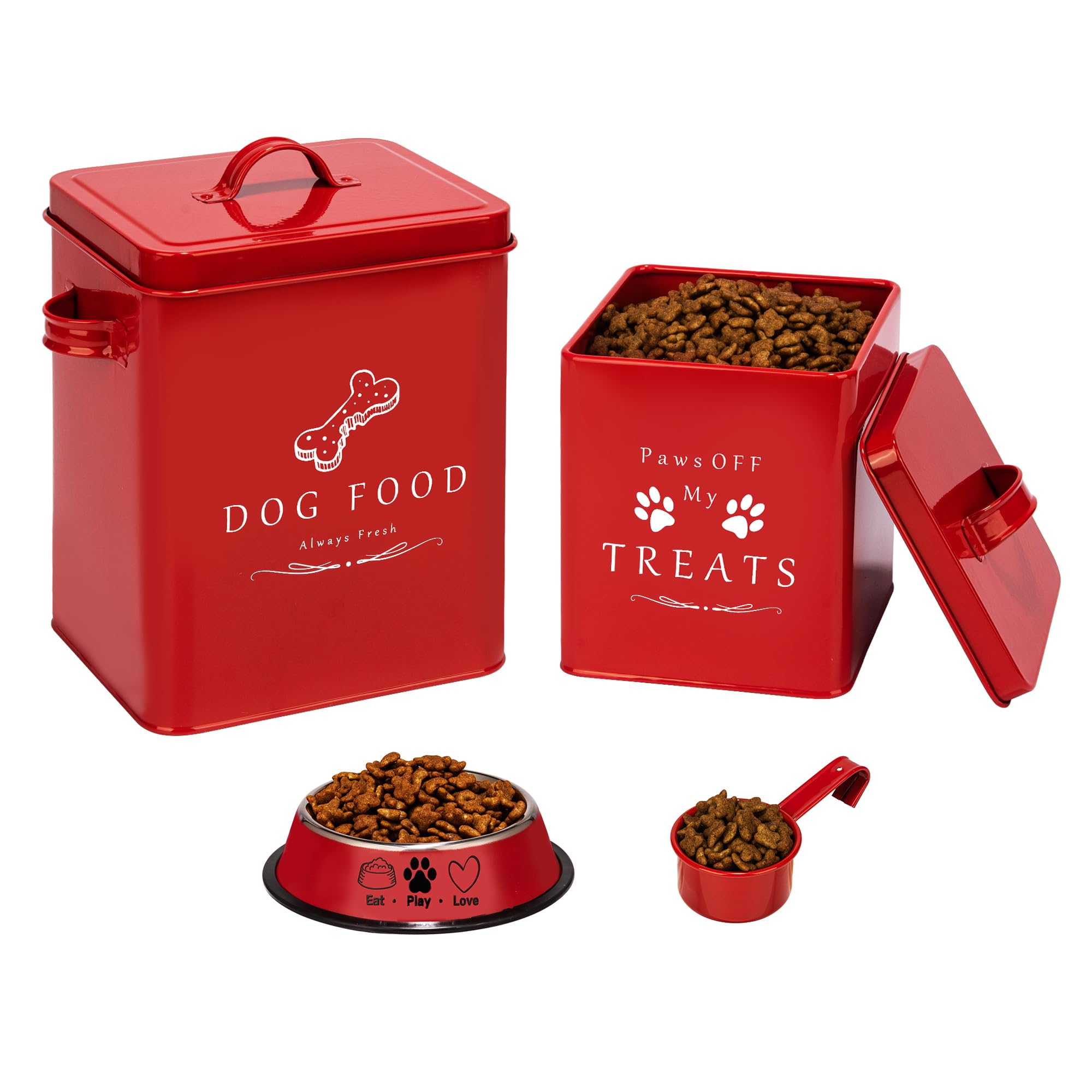 Meraki Home Small Dog Food Container & Treat Storage with Tight Lids - Includes Feed Scoop & Pet Bowl - Farmhouse Style Metal Bin in Glossy Red - Perfect for Kitchen Pantry Organization & Pet Feeding Station