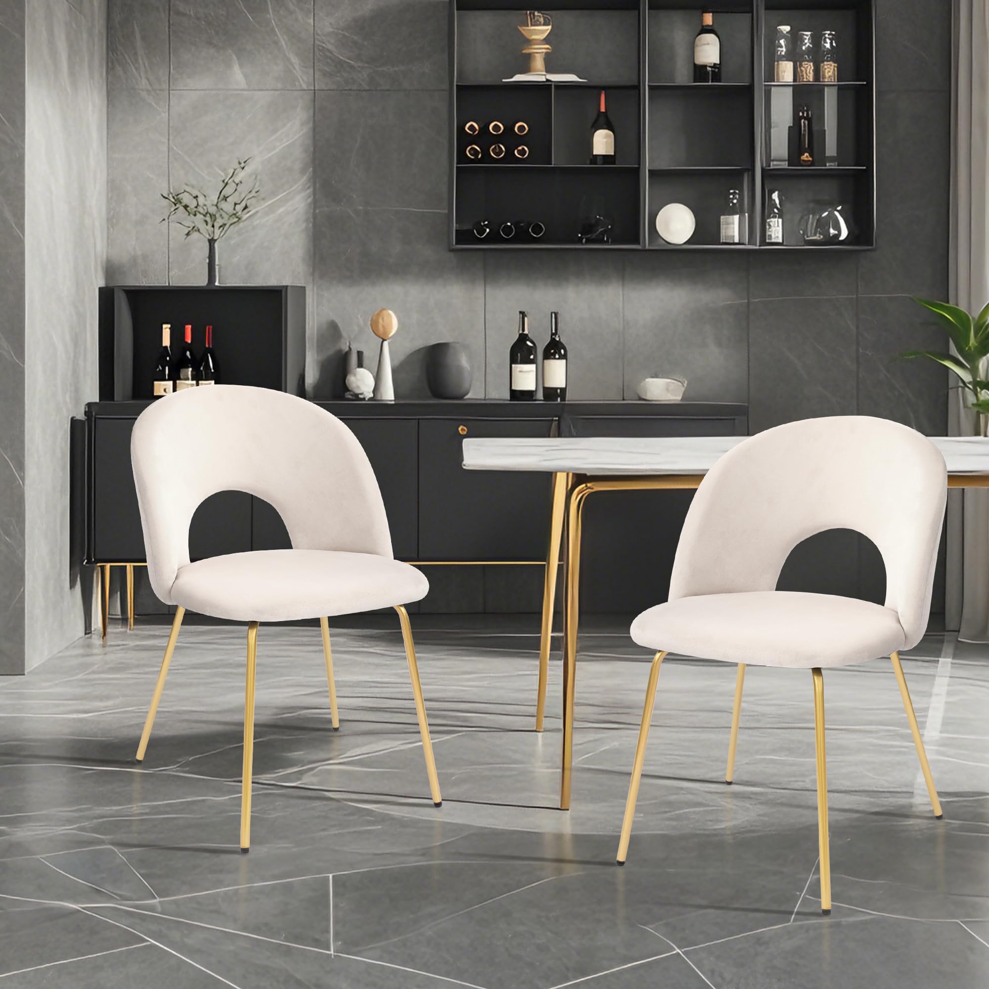 Velvet Dining Chairs with Metal Legs - Set of 2 Beige Kitchen Chairs for Dining Room, Living Room & Home Office | Modern Comfort Seating for Small Spaces
