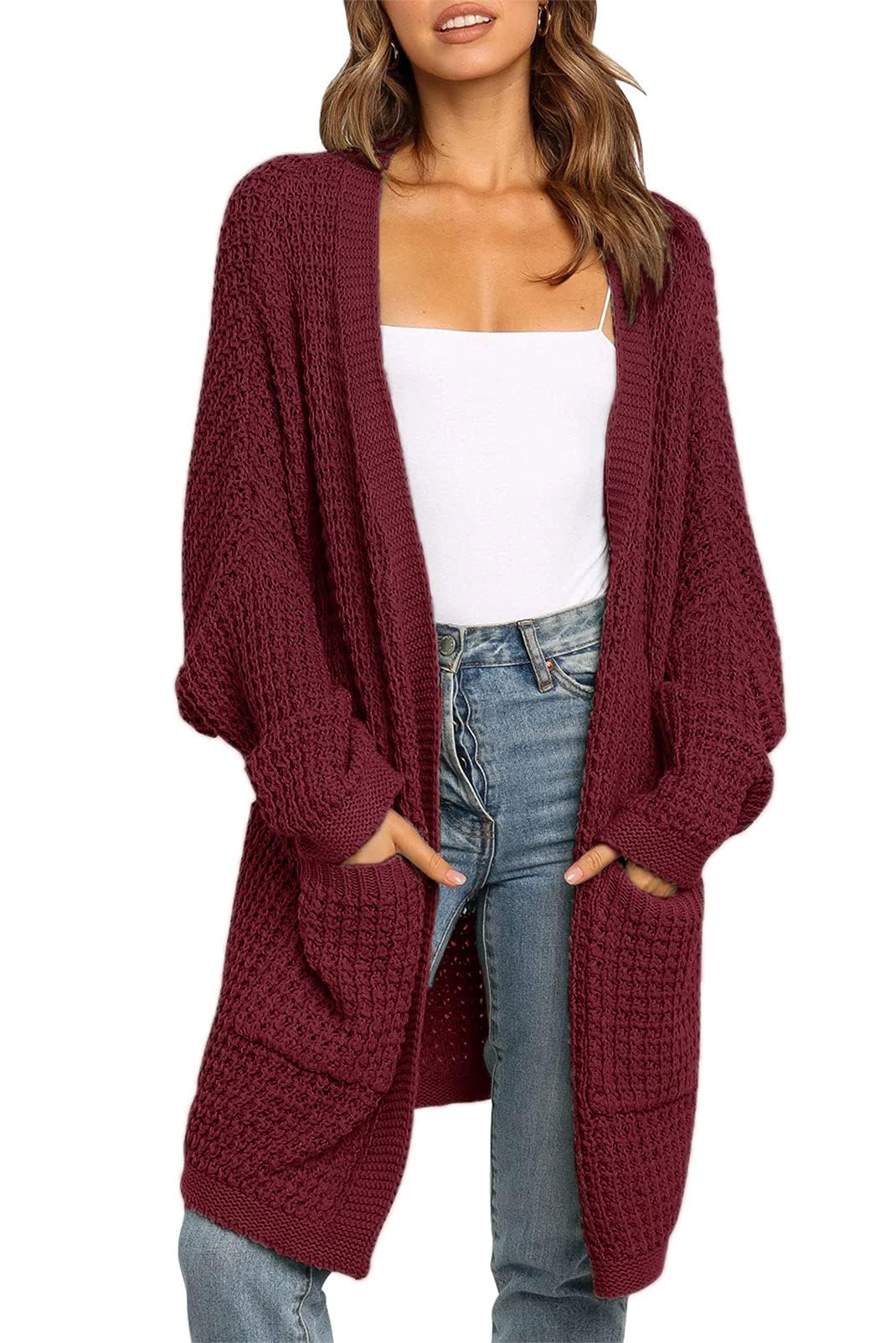 MEROKEETY Women's Oversized Long Batwing Sleeve Cardigan Waffle Knit Sweater Coat - Cozy Fall Winter Layering Piece for Casual Outfits & Lounge Wear