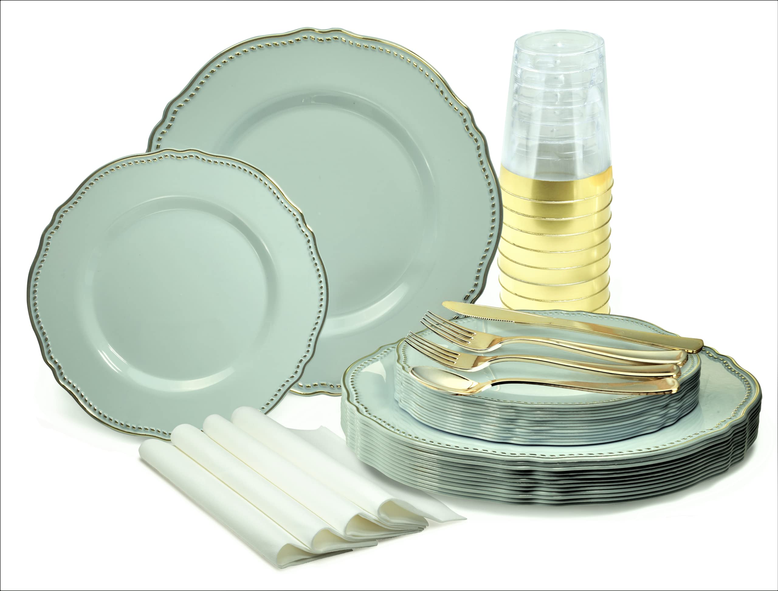 640-Piece Heavyweight Disposable Plastic Plate Set for Weddings & Parties - 80 x 10.25'' Dinner Plates, 80 x 7.5'' Dessert Plates, Silverware, Cups & Napkins (Rochelle Seafoam/Mint & Gold) - Perfect for Large Gatherings, Bridal Showers & Catering Events