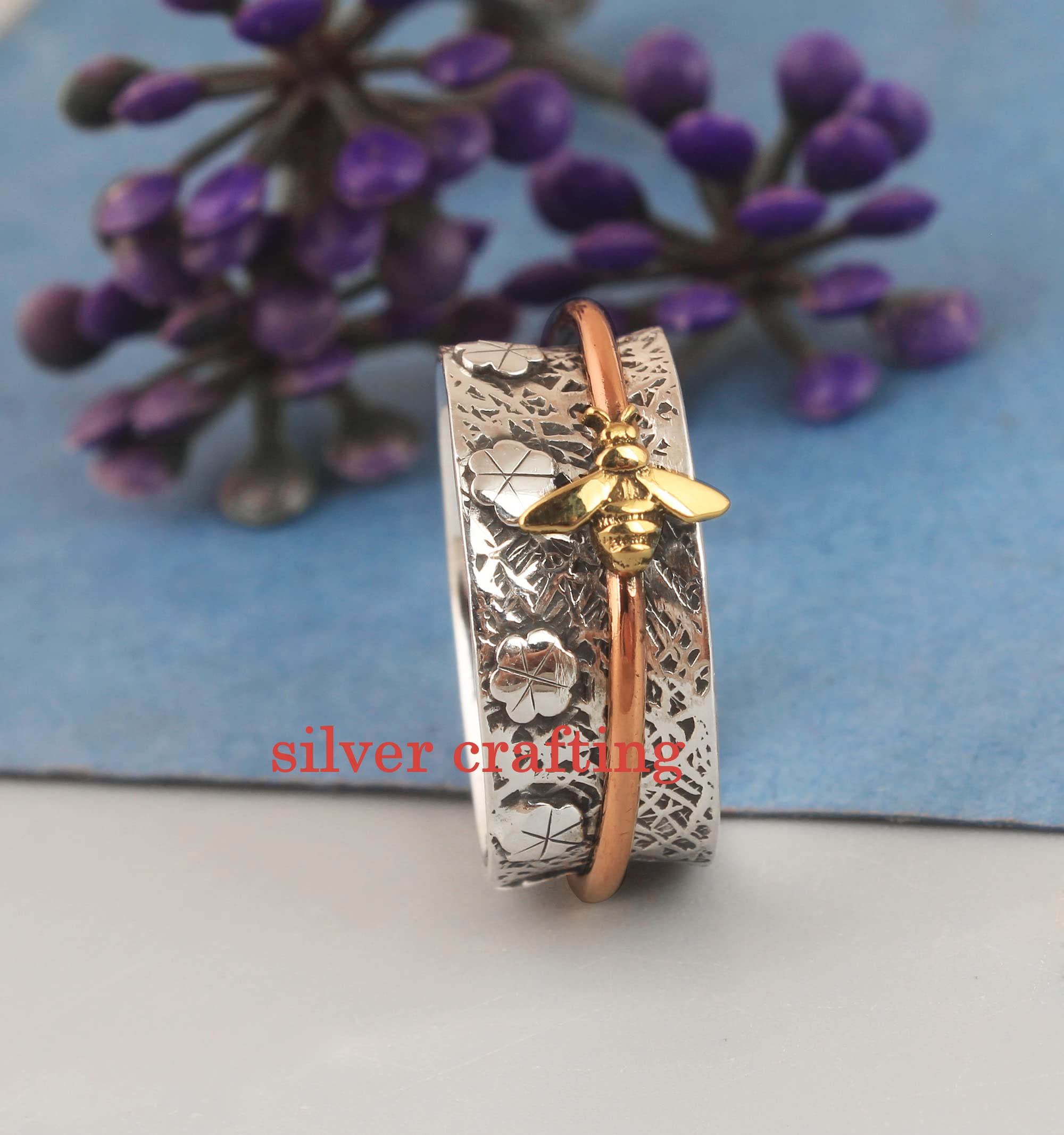 925 Sterling Silver Honey Bee Spinner Ring - Handmade Vintage Flower Design Meditation Jewelry for Stress Relief & Anxiety - Perfect for Yoga, Mindfulness & Relaxation Practices