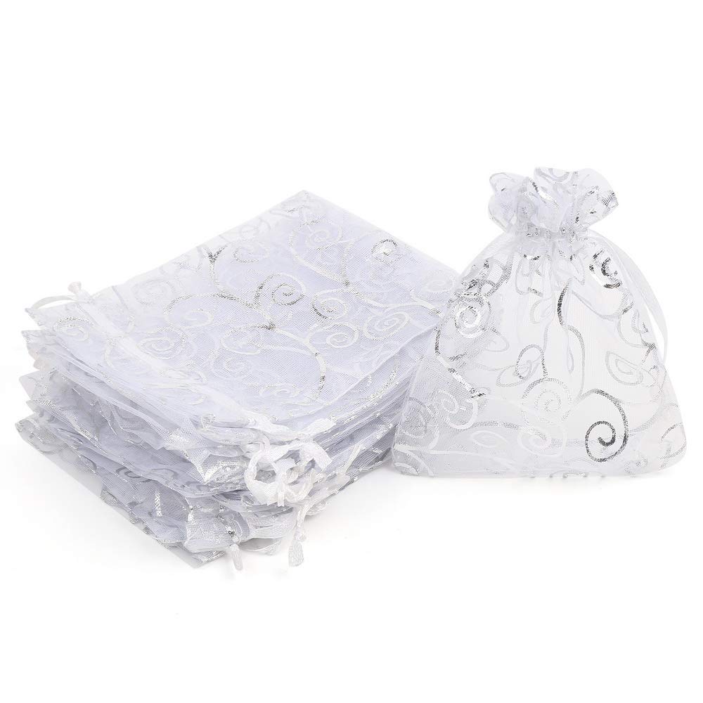 LOAVER 3.5x4.7 Inch Heart Print Organza Gift Bags - 100pcs Silver Rattan Wedding Favor Bags for Candy, Jewelry, Party Favors & Bridal Shower Gifts