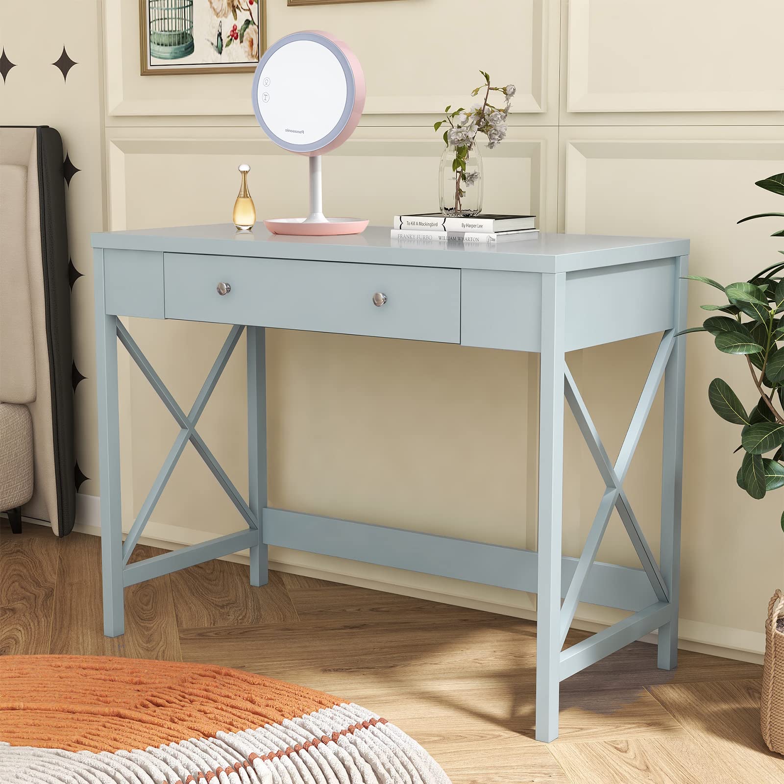 KIVENJAJA 39 Inch Makeup Vanity Desk with Drawer - Modern Dressing Table for Bedroom, Home Office Computer Study Writing Desk in Grey Blue | Perfect for Cosmetics Storage, Work from Home & Small Space Decor