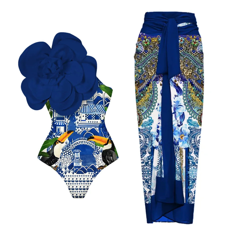 Blue One Shoulder 3D Flower Monokini Swimsuit for Women - Printed Brazilian Bikini with Skirt | Perfect for Beach Vacations, Pool Parties & Summer Getaways