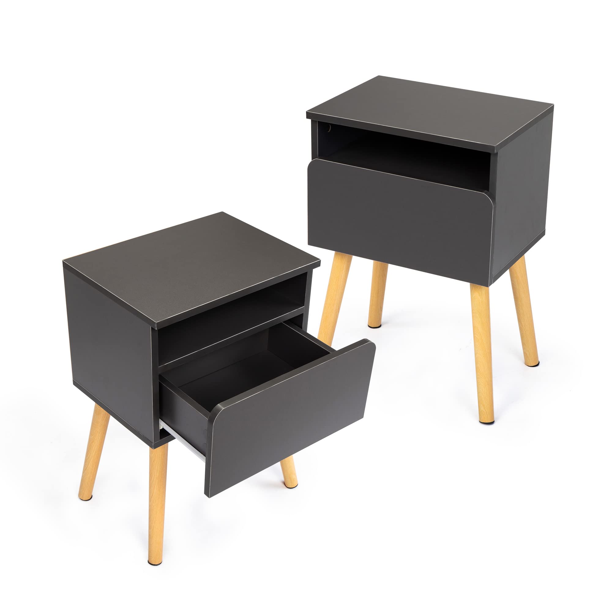 VERYKE Set of 2 Modern Wooden Nightstands - Bedside End Tables with Drawer & Open Shelf, Solid Wood Legs Accent Tables for Bedroom, Living Room & Office (Grey) - Perfect for Storing Books, Lamps & Bedroom Essentials
