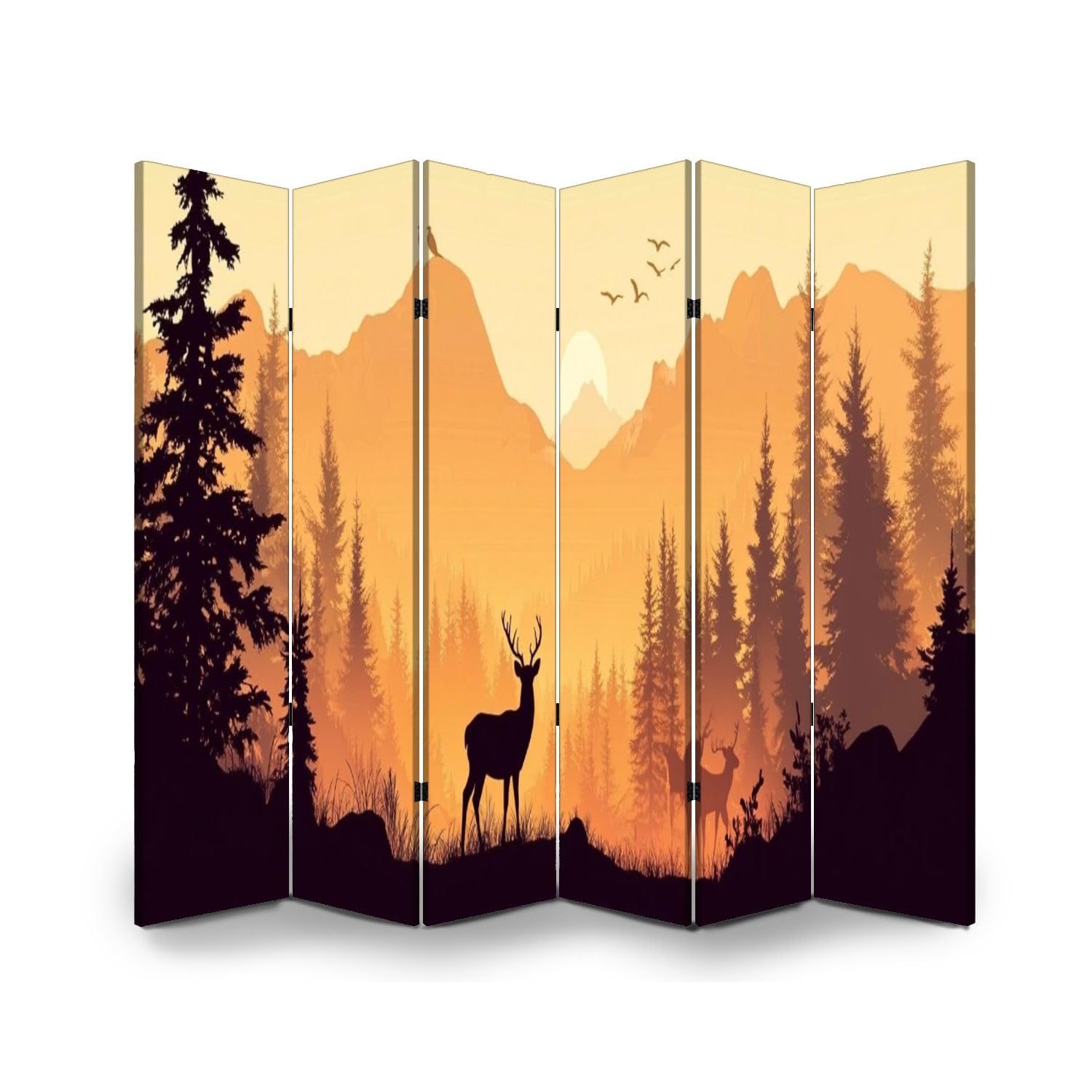 6-Panel Folding Room Divider with Deer Silhouette Design - Freestanding Privacy Screen for Home & Office - Indoor Partition with Forest Mountain Landscape Canvas - Perfect for Living Room, Bedroom, and Workspace Separation