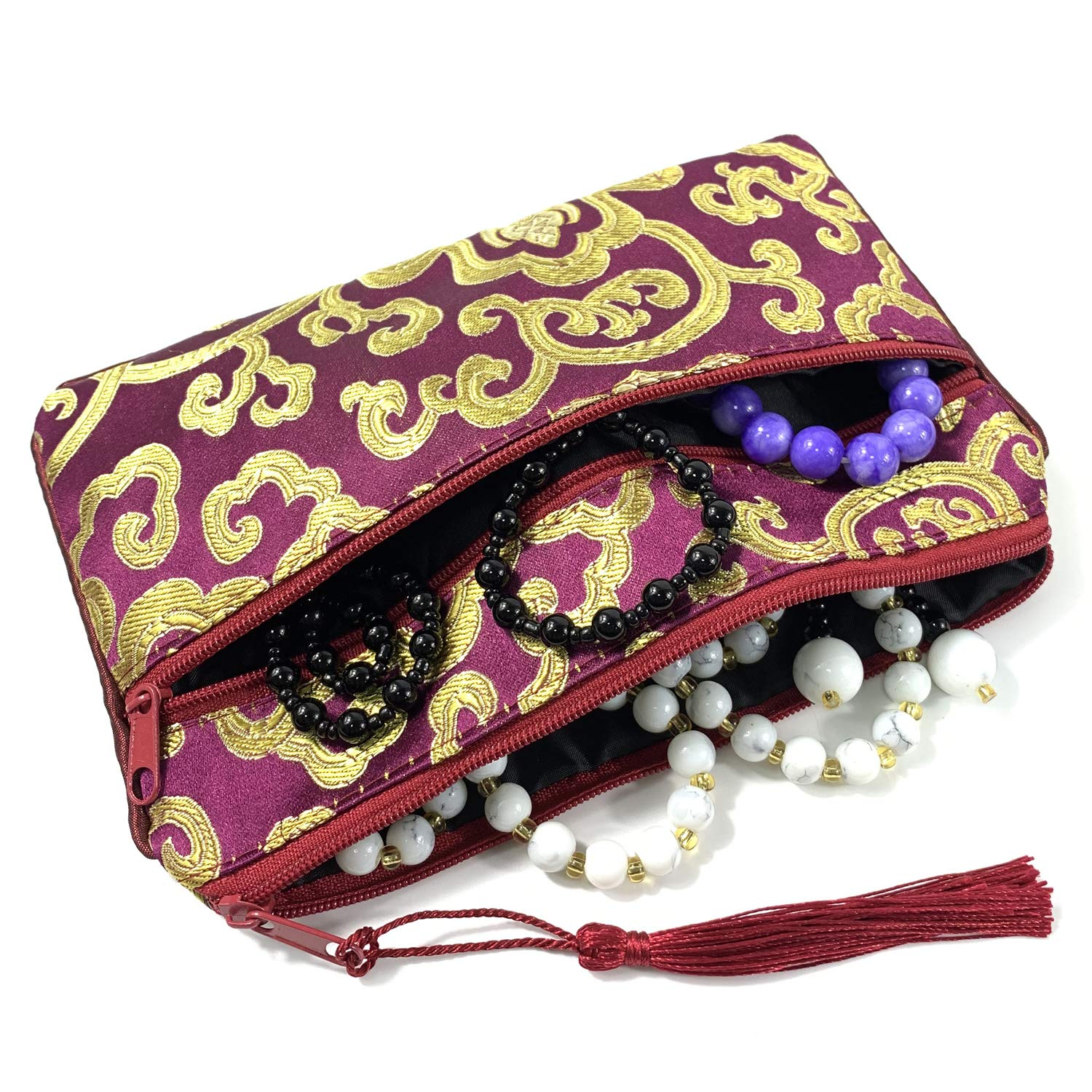 2PCS Silk Brocade Jewelry Pouch with Padded Tassel & Double Zipper - Coin Purse Gift Bags Set (Wine Red & Red) - Perfect for Organizing Rings, Necklaces & Small Valuables at Home or Travel