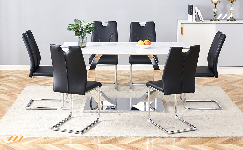 Modern Black PU Dining Chairs Set of 6 - Waterproof Leather Upholstered Chairs with Silver Metal Legs for Kitchen, Restaurant, Office & Conference Room - Elegant & Durable Seating Solution for Home & Commercial Use