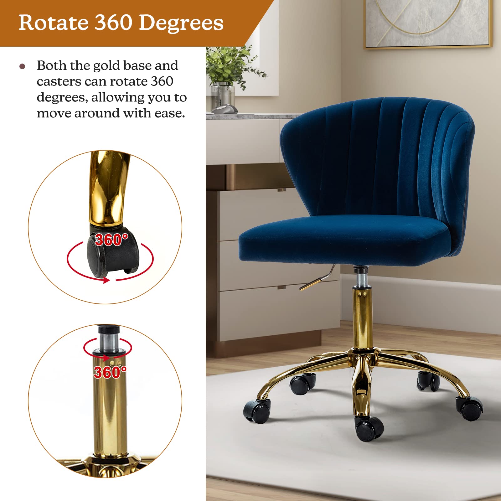 TINA'S HOME Modern Velvet Armless Office Chair with Wheels & Gold Base - Adjustable Low Back Swivel Rolling Task Chair for Home Office, Living Room, Vanity or Study - Navy Blue Upholstered Desk Chair for Comfortable Workspace