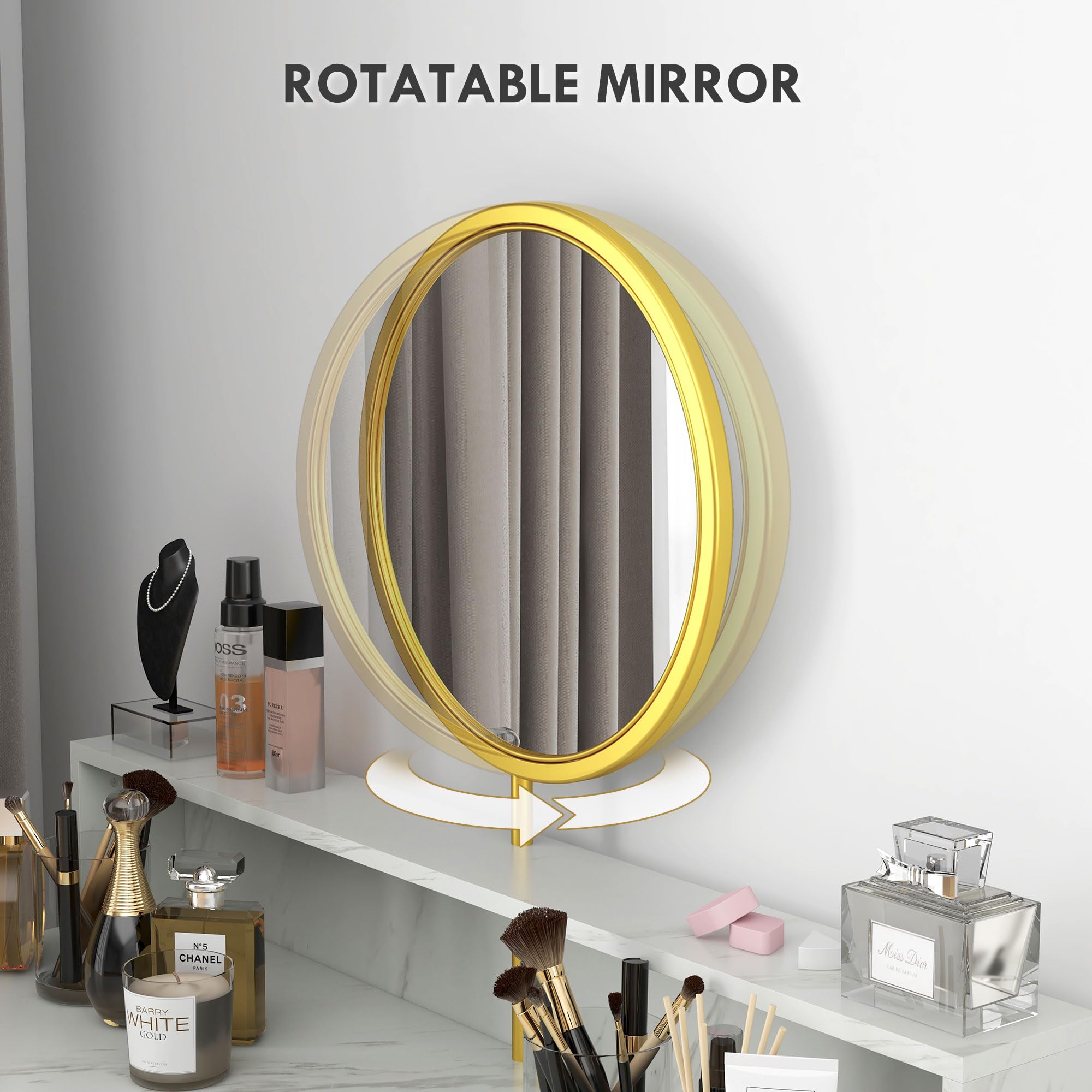 Modern Vanity Makeup Desk with Mirror - White & Gold Dressing Table with Open Storage, Faux Marble Finish & Steel Frame for Bedroom | Perfect for Makeup Organization, Beauty Routine & Small Space Decor