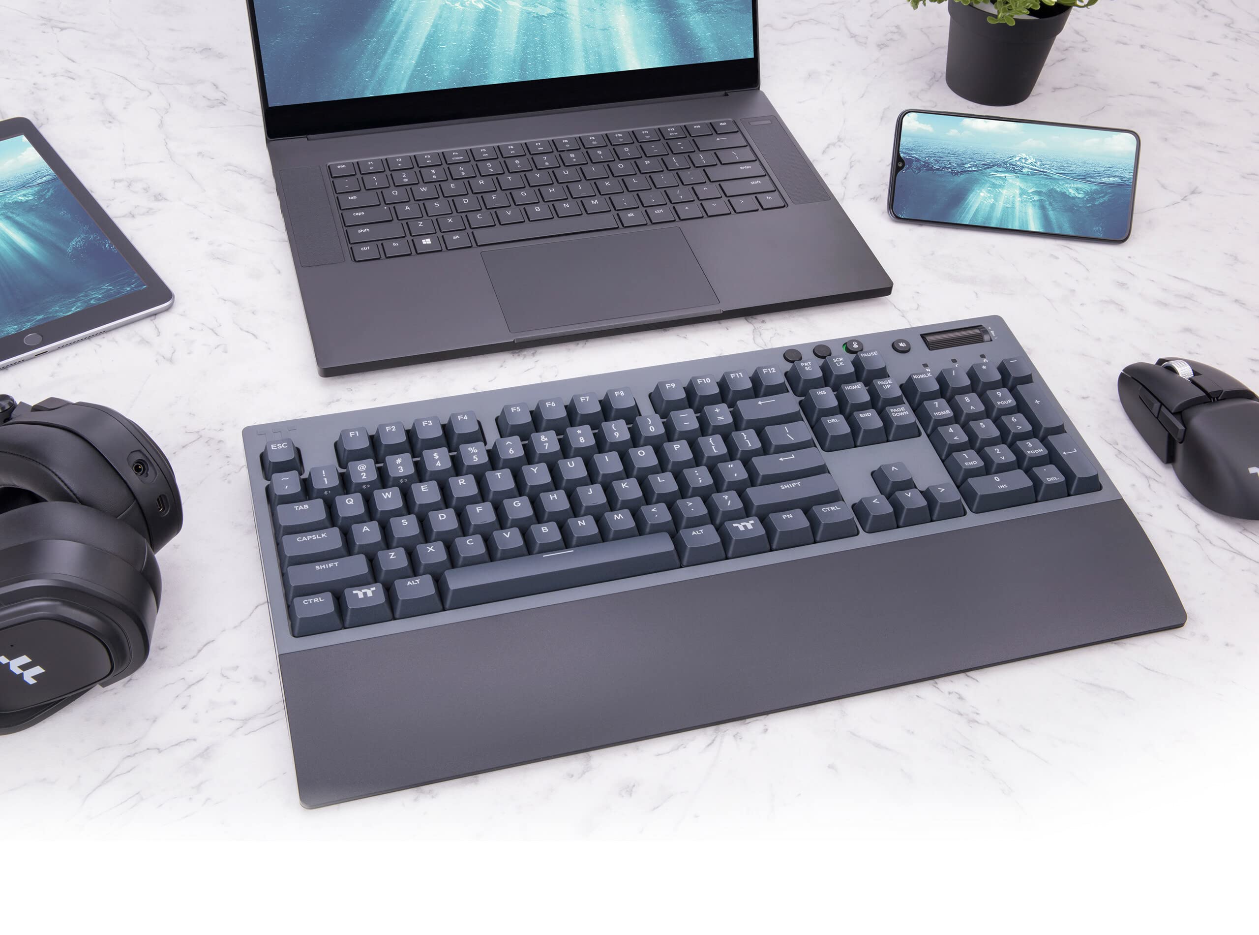 Thermaltake W1 Wireless Mechanical Gaming Keyboard - Cherry MX Blue Switches, 2.4GHz & Bluetooth 4.2 Dual Mode, Low Energy Tech, USB Type-C (Titanium Gray) - Perfect for PC Gaming, Office Work & Streaming Setup