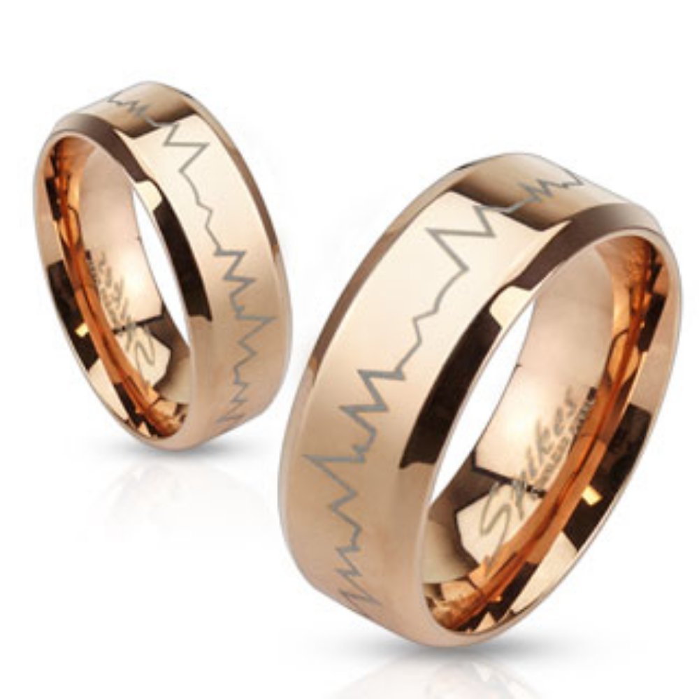 Heartbeat Laser Etched Stainless Steel Rose Gold IP Band Ring - Elegant Jewelry Gift for Women, Anniversary & Valentine's Day
