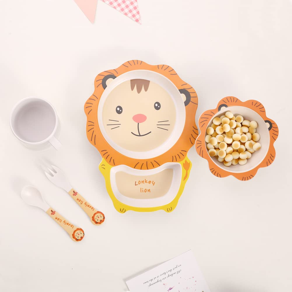 Eco-Friendly Bamboo Kids Dinnerware Set - 5 Piece Plate, Bowl, Cup, Fork & Spoon (Lion Design) | Durable & Safe for Toddlers Mealtime, Picnics & Travel