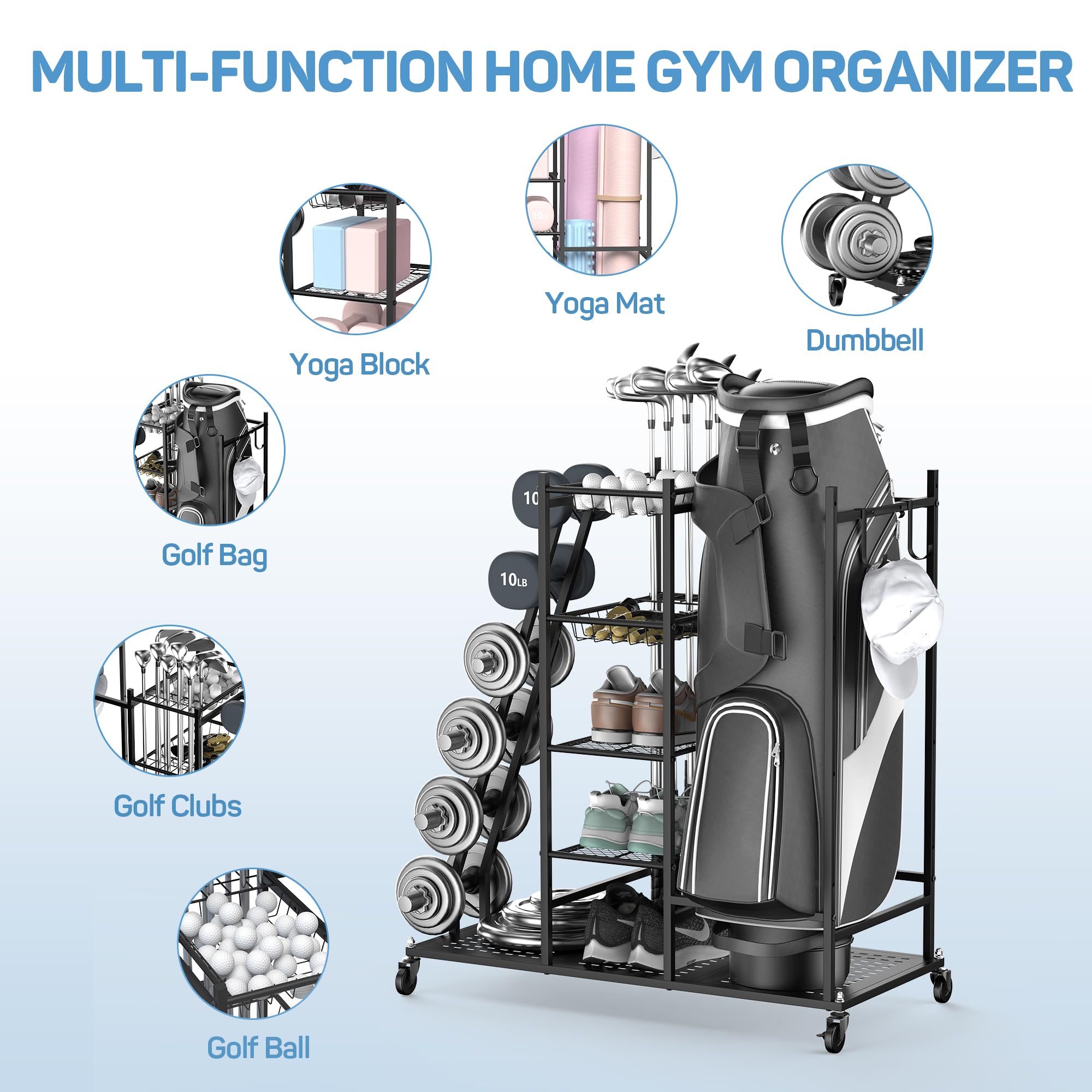 PLKOW Heavy Duty Dumbbell Weight Rack - Home Gym Storage Organizer for Dumbbells, Kettlebells & Yoga Mats - Space Saving Garage Gym Equipment for Strength Training & Yoga Workouts