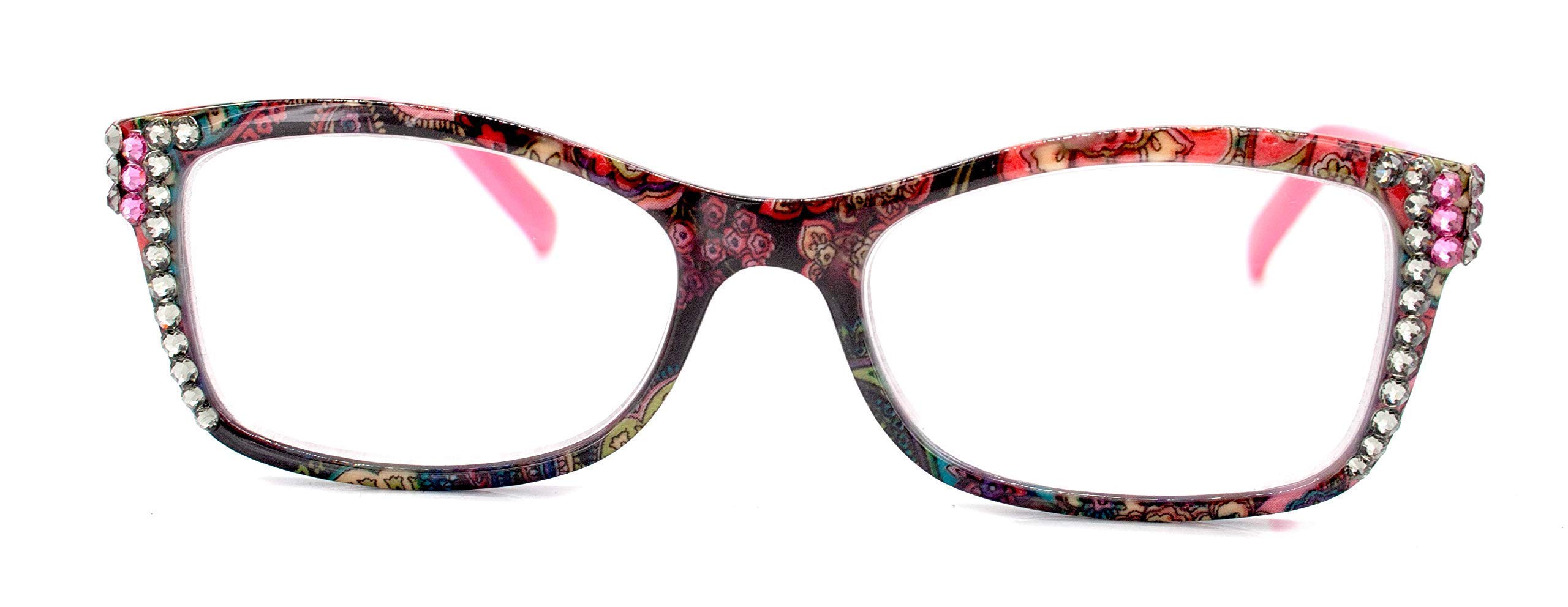 Fashion Women's Reading Glasses with Rose & Black Diamond Crystals - Stylish Rectangular Bling Eyewear for Women - Perfect for Reading, Office Work, and Fashion Accessories