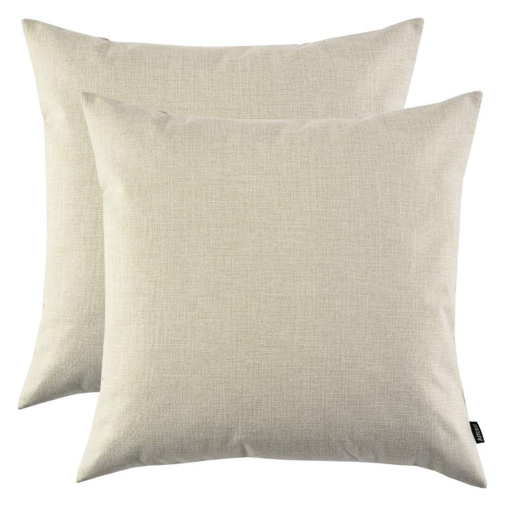 Artcest Set of 2 Decorative Linen Throw Pillow Covers 14x14 Inch - Modern Stylish Sofa & Couch Cushion Covers - Floral White Design - Perfect for Living Room, Bedroom Decor & Home Staging
