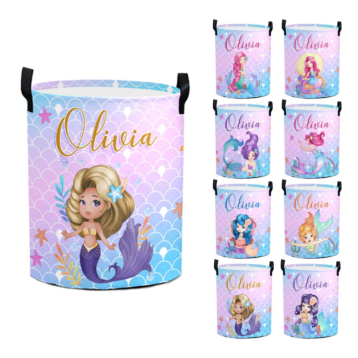 **Personalized Mermaid Laundry Basket for Girls - Custom Name Kids Laundry Hamper (Style 07) - Perfect for Nursery, Bedroom & Playroom Organization**