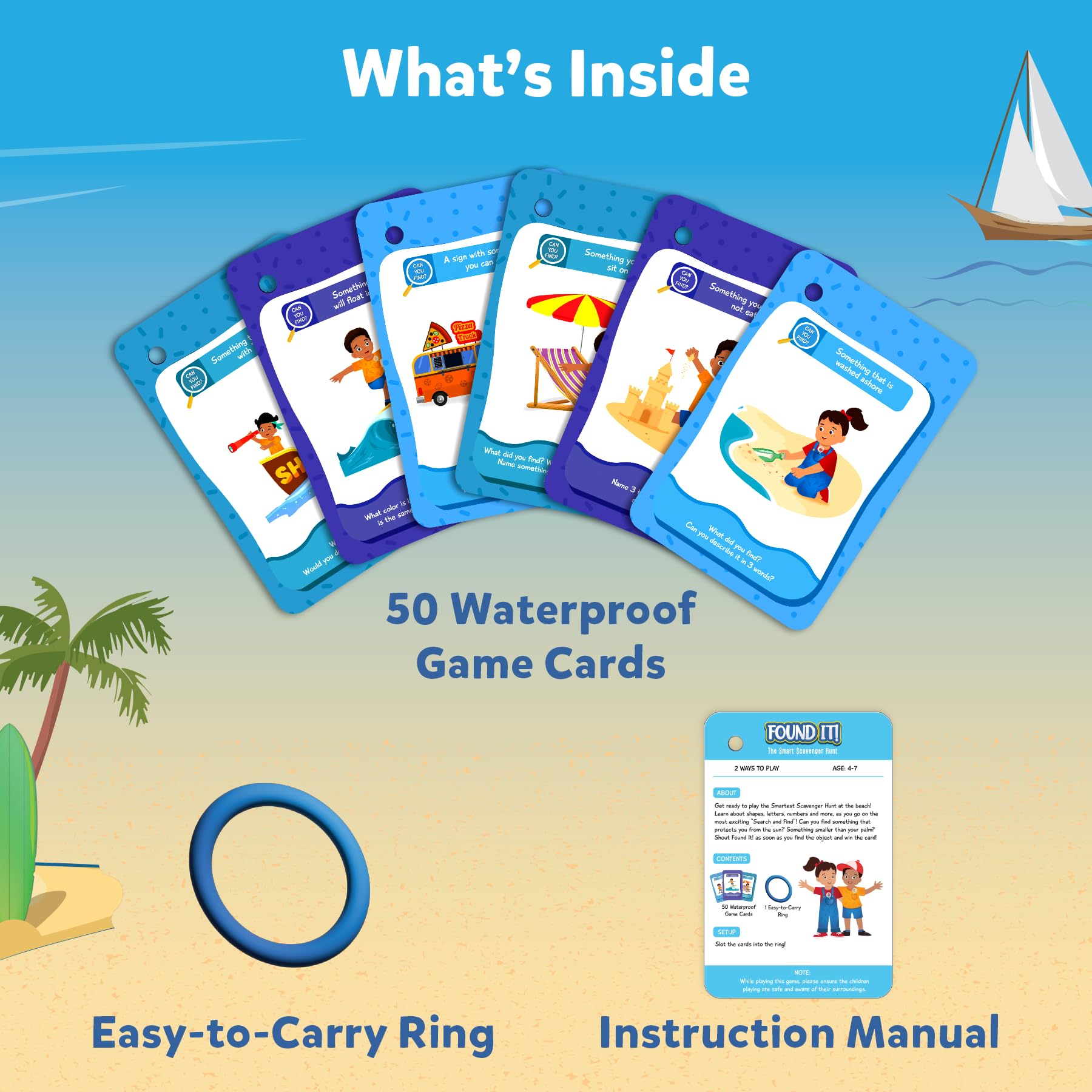 Skillmatics Scavenger Hunt Card Game - Found It Beach | 50 Waterproof Outdoor Activity Cards for Kids Ages 4-7 | Family Travel Board Game for Boys & Girls | Educational Beach Toys & Summer Vacation Gifts | Perfect for Beach Trips, Backyard Adventures & Road Trips