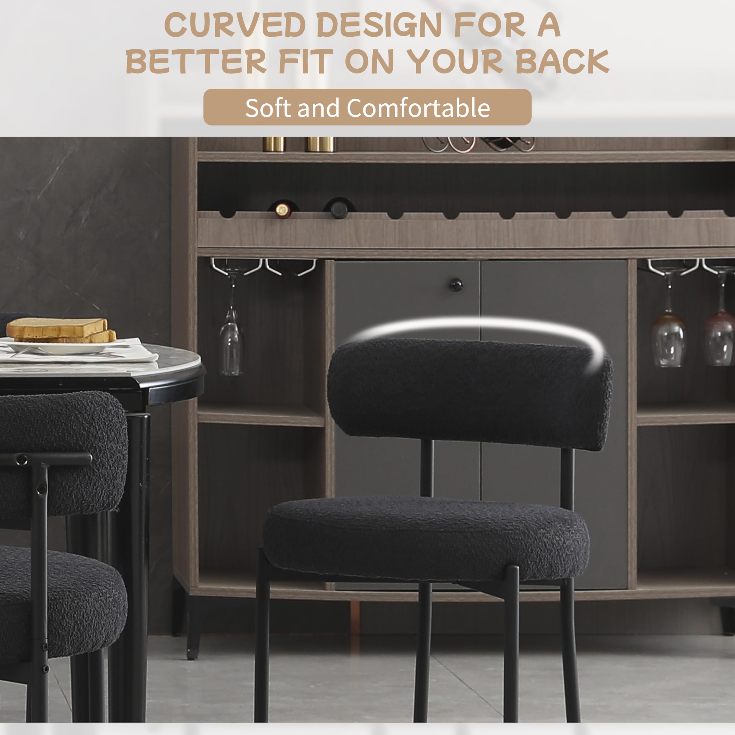 Black Boucle Dining Chairs Set of 4 - Round Upholstered Mid-Century Modern Kitchen Chairs with Curved Backrest & Metal Legs - Perfect for Dining Room, Kitchen Island, Breakfast Nook & Small Space Decor