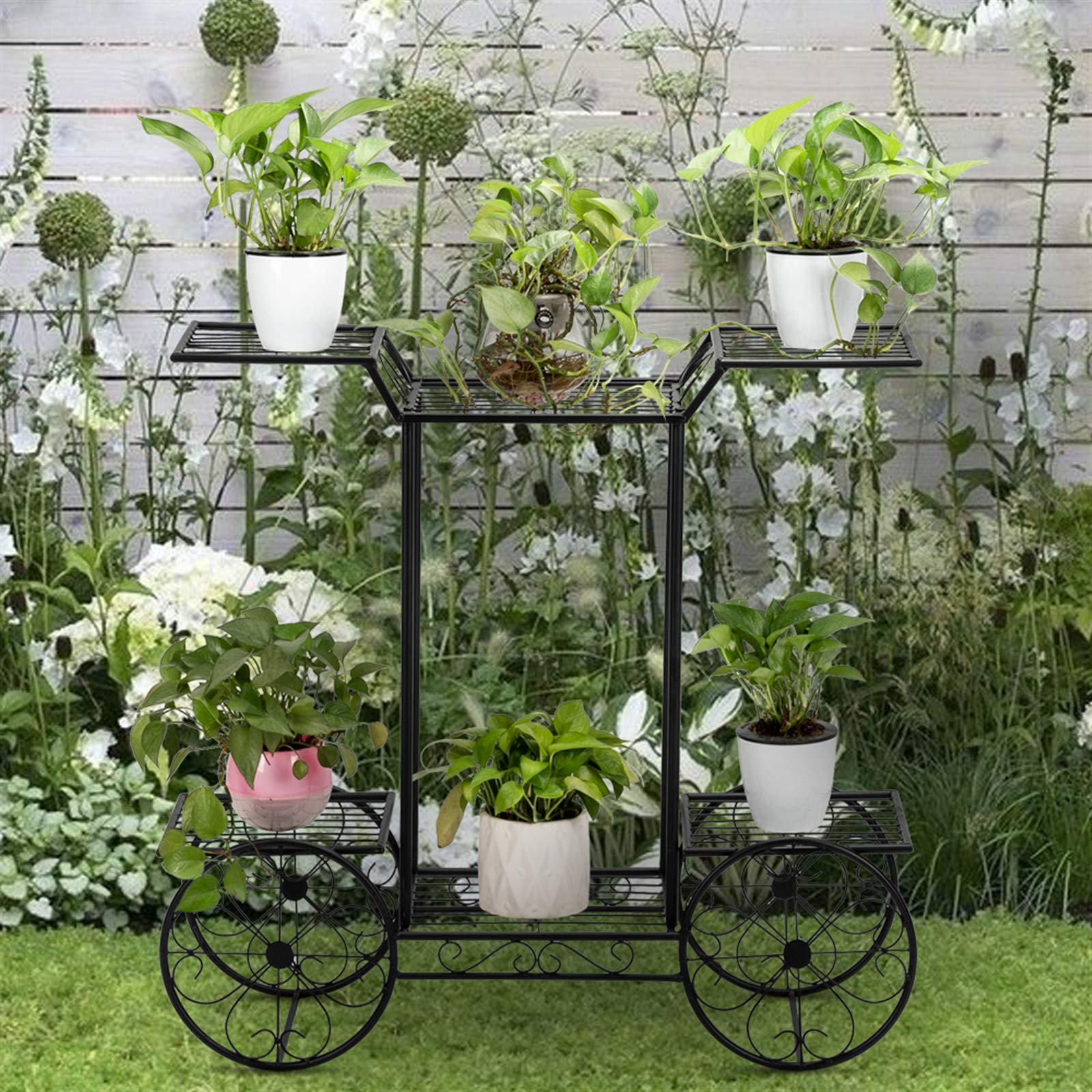 WEI WEI GLOBAL Metal Car-Shaped Flower Pot Stand - 6 Tier Plant Holder Display Shelf for Indoor & Outdoor Plants - Perfect for Home, Garden, Office Decor and Gift Ideas