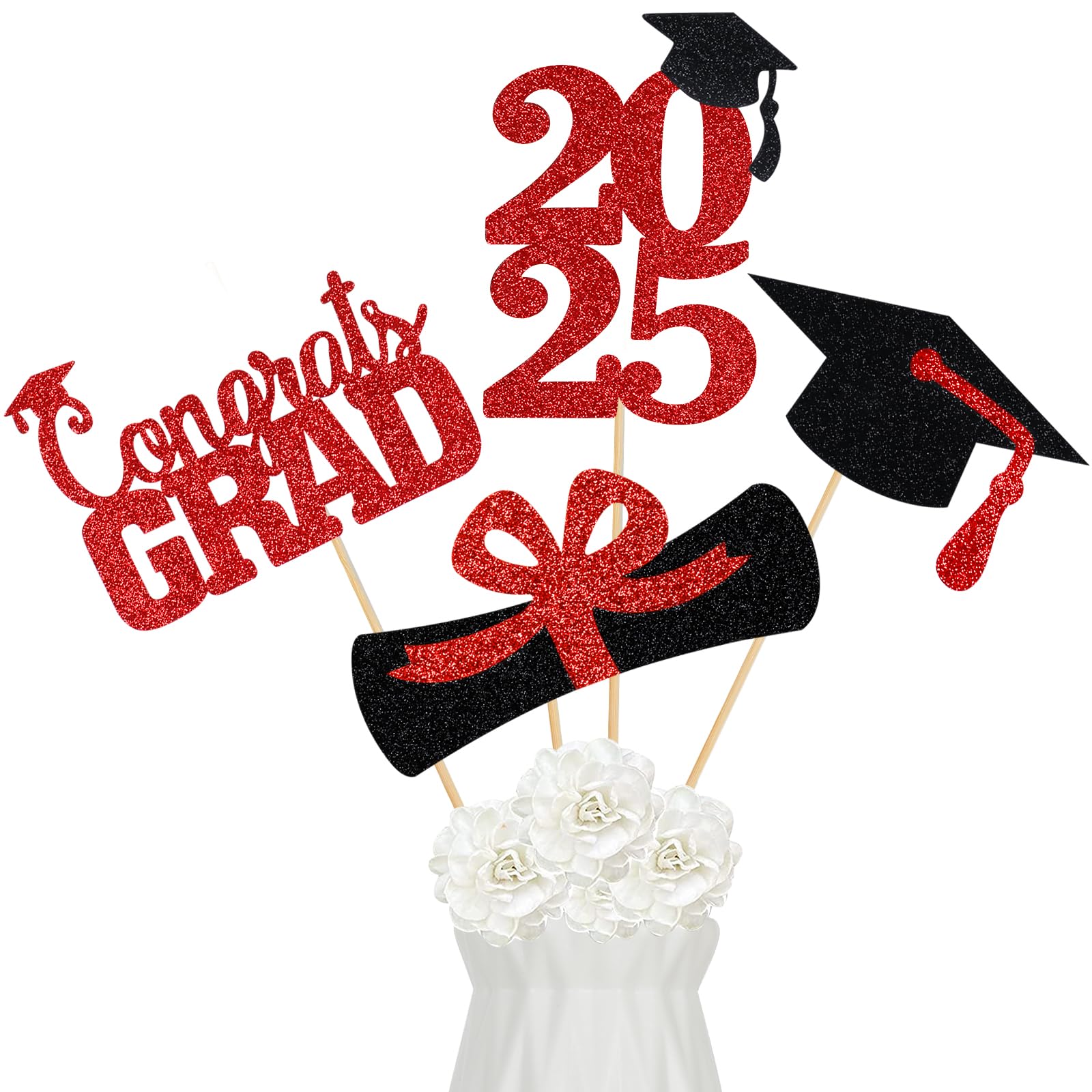 24Pcs Red 2025 Graduation Centerpiece Sticks - Elegant Table Decorations for Graduation Party, Commencement & Celebration - Perfect for Graduation Ceremony Decor, Banquet Tables & Photo Backdrops