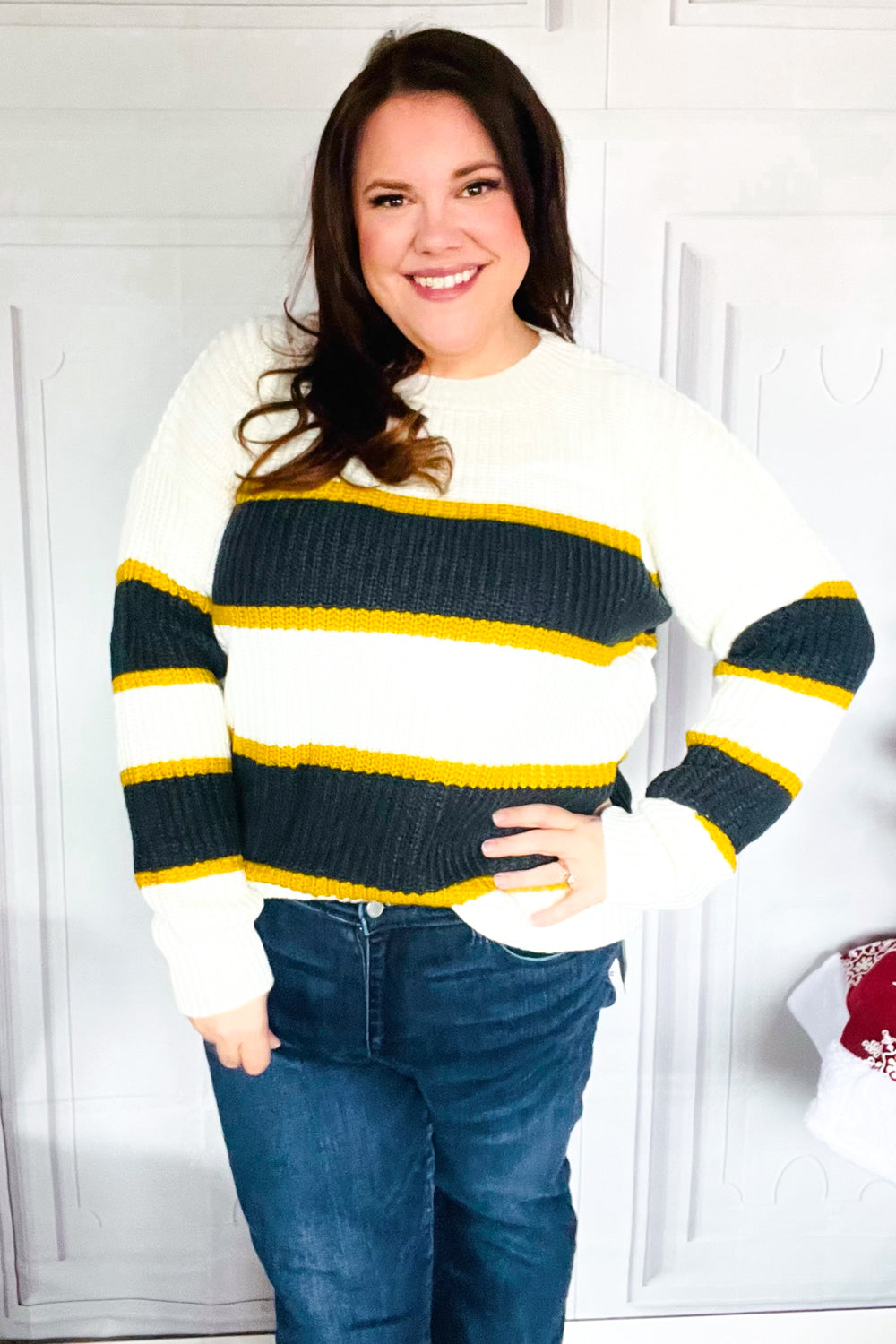 PLUS Casual Chic Yellow & Ivory Stripe Oversized Knit Sweater for Women | Cozy Winter Pullover | Perfect for Office, Date Night & Weekend Outfits