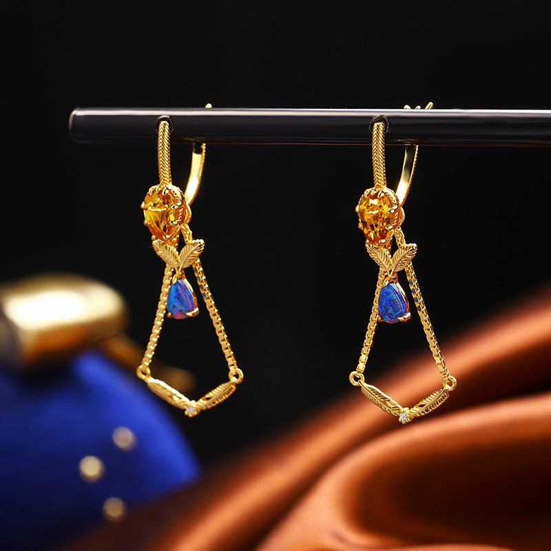 Vintage Citrine & Black Opal Multi-Stone Dangle Earrings | TB1501 | Perfect for Boho Chic, Evening Wear & Special Occasions