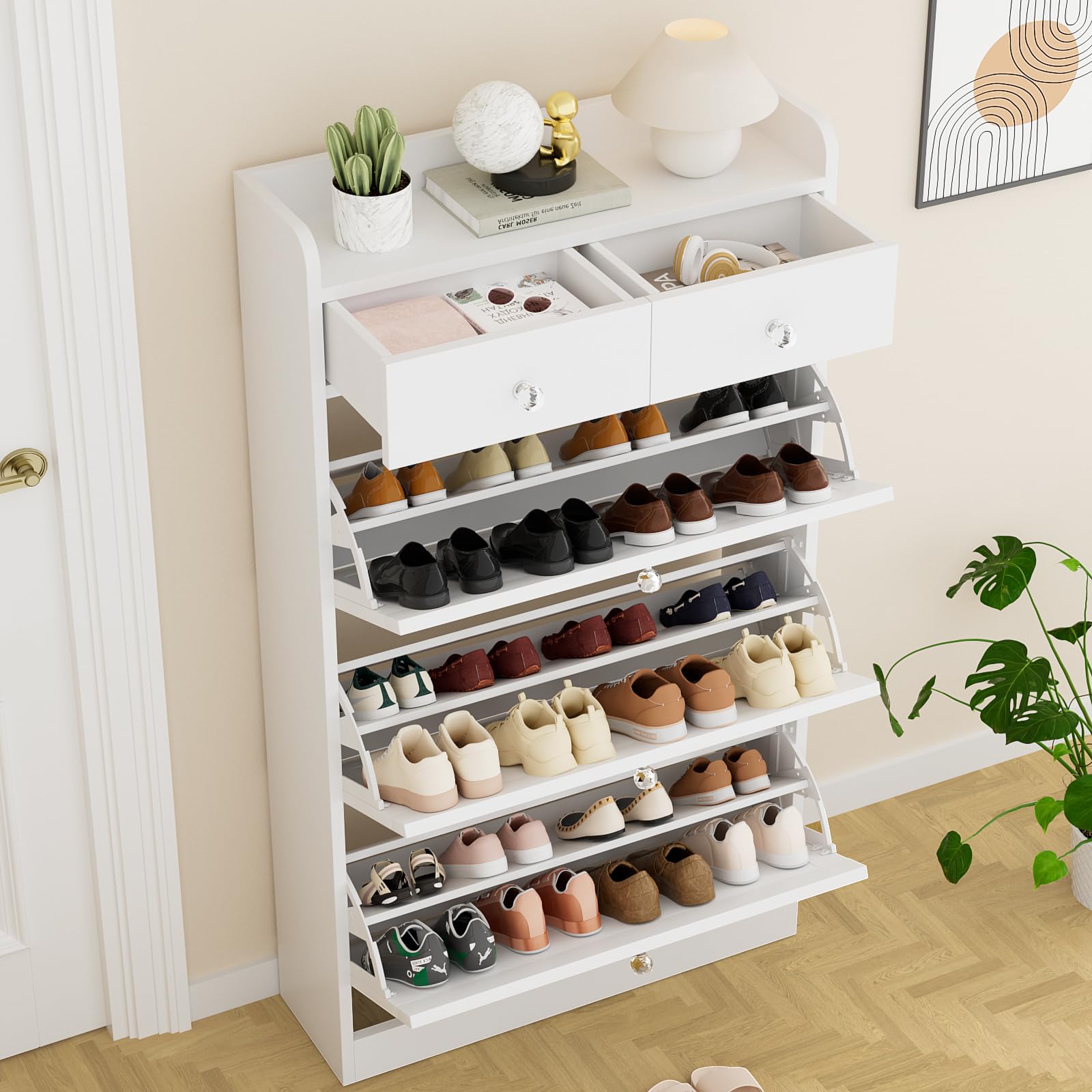 VOWNER 3-Tier Shoe Storage Cabinet with Flip Drawers & Adjustable Shelves - Freestanding Entryway Organizer for Shoes, Boots & Accessories - Perfect for Hallway, Living Room & Closet Organization (White)