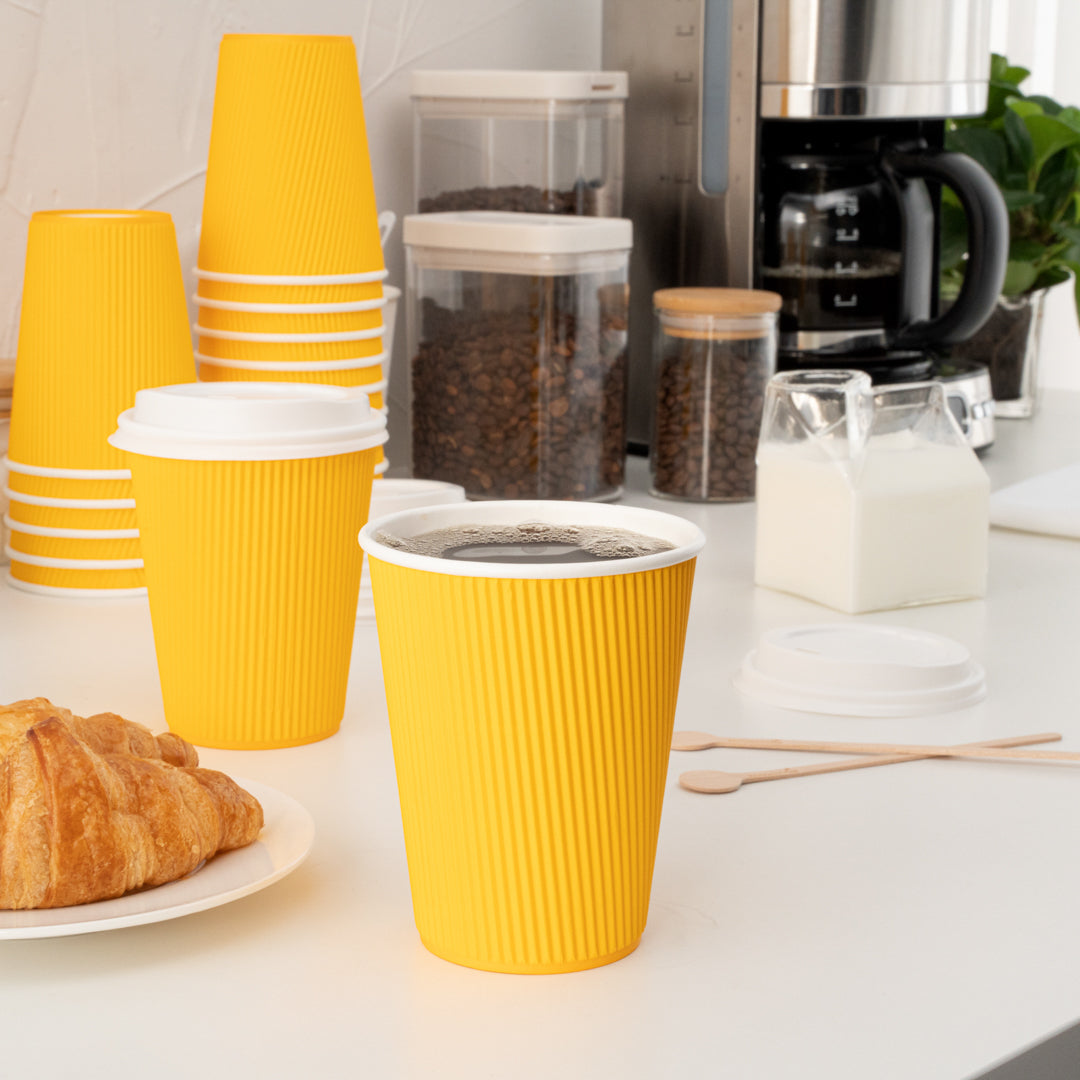 12 oz Yellow Paper Coffee Cups with Ripple Wall - 3.5