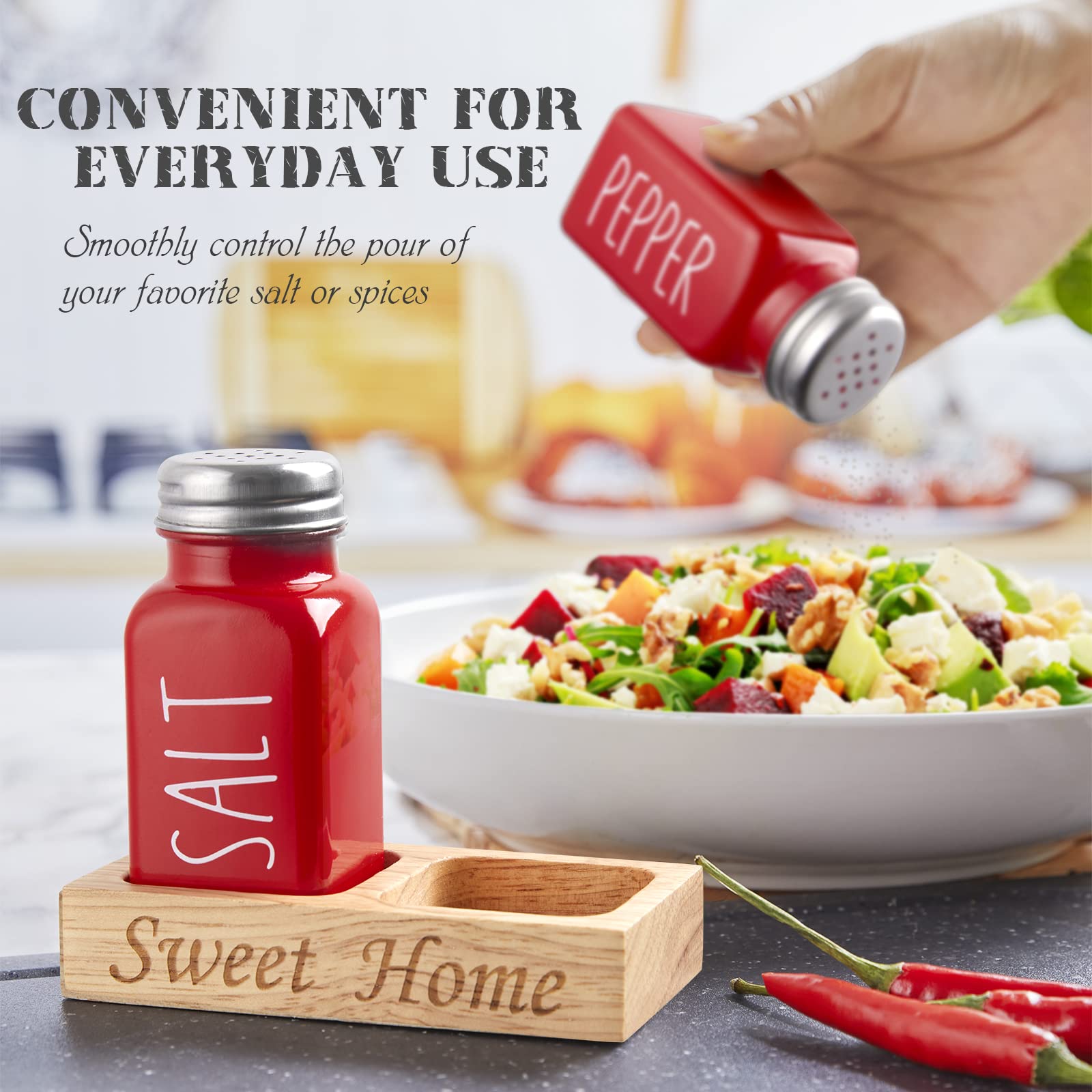 Red Glass Salt and Pepper Shakers Set with Wooden Tray - 2.7 oz Dopeca Kitchen Countertop Spice Dispenser - Christmas Housewarming Gift & Modern Kitchen Decor - Perfect for Dining Tables, Restaurants, and Holiday Gifting