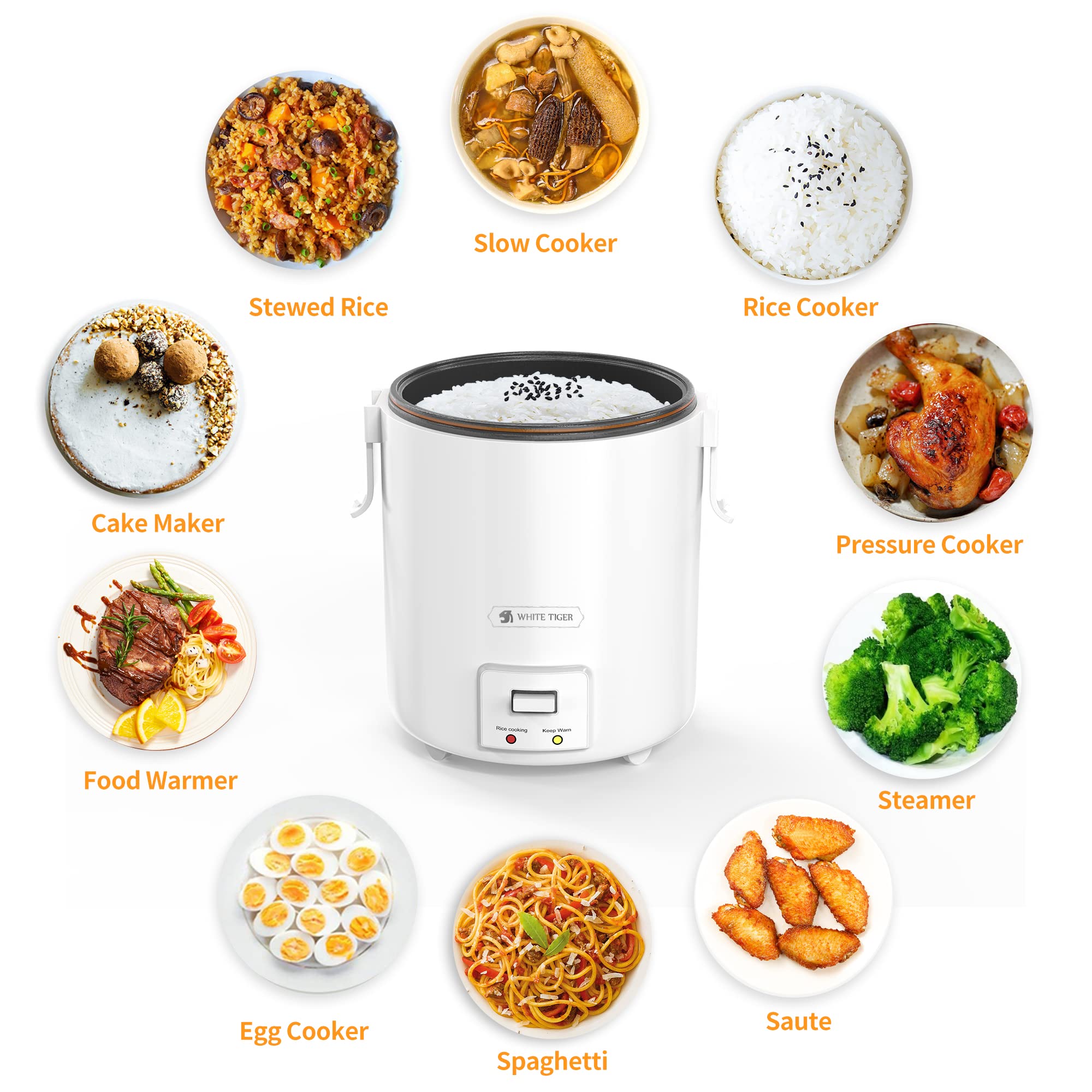 1.0L Mini Rice Cooker - WHITE TIGER Portable Travel Steamer for Fast 15-Minute Cooking | Non-Stick Removable Pot with Keep Warm Function | Perfect for 1-2 People | Ideal for Dorm, Office, Travel & Camping | Cook Rice, Soup, Stews & Oatmeal Easily