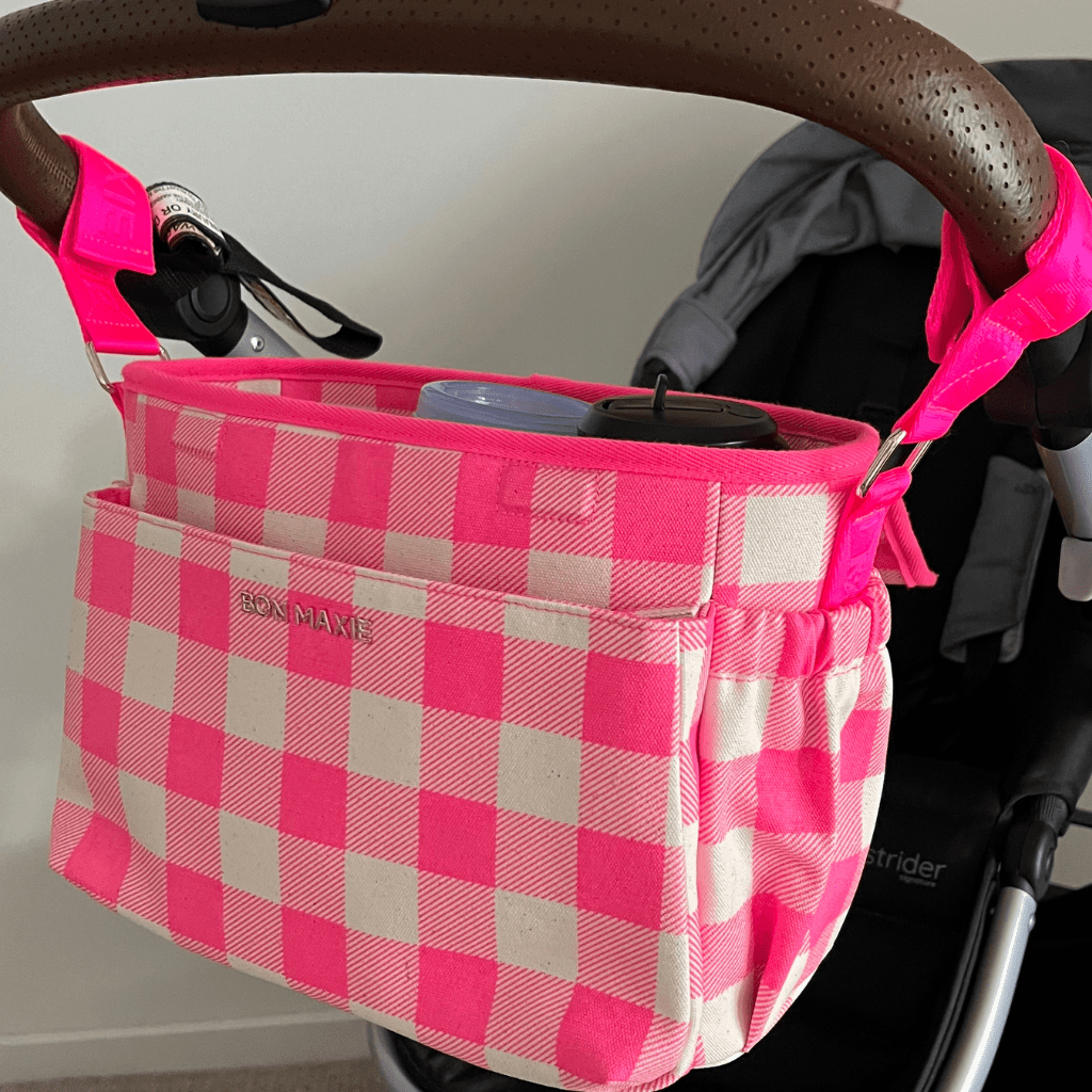 Neon Pink Gingham Carryall Pram Caddy - Perfect for Strollers, Shopping Carts & Baby Essentials Organization