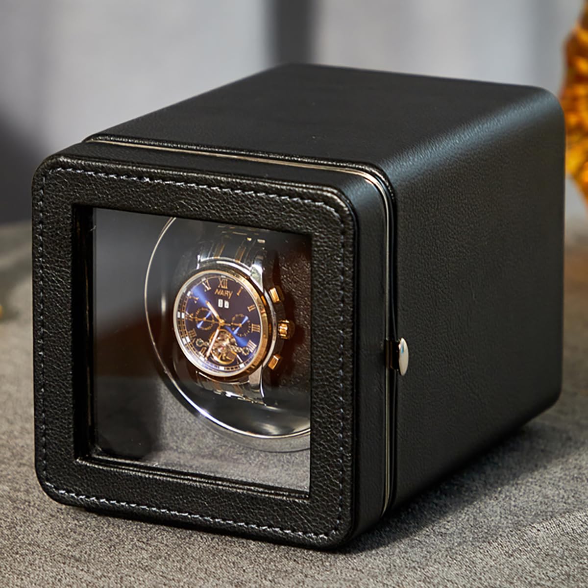 Premium Automatic Watch Winder with Japanese Brushless Silent Motor - Modern Leather Surface Design with Ambient LED Lighting - Perfect for Automatic Watch Storage & Display - Ideal Gift for Watch Collectors & Trendy Professionals (Black)