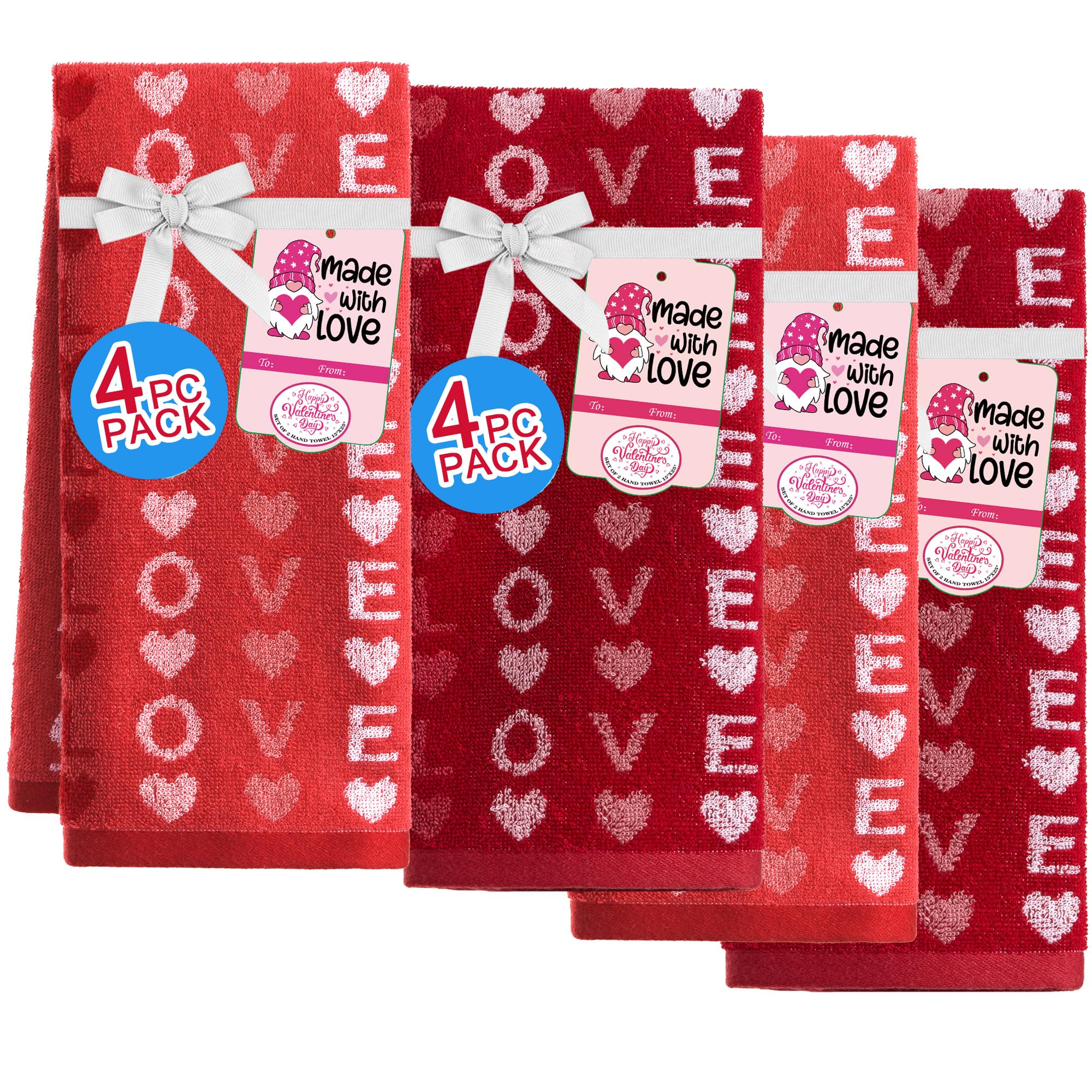 VOOVA & MOVAS 4-Pack Cotton Hand Towels Set - 16x25 Inches Soft Bath Towels for Kitchen & Bathroom - Decorative Jacquard Love Design Gift Set - Perfect for Guest Bathrooms, Spa Days & Housewarming Gifts