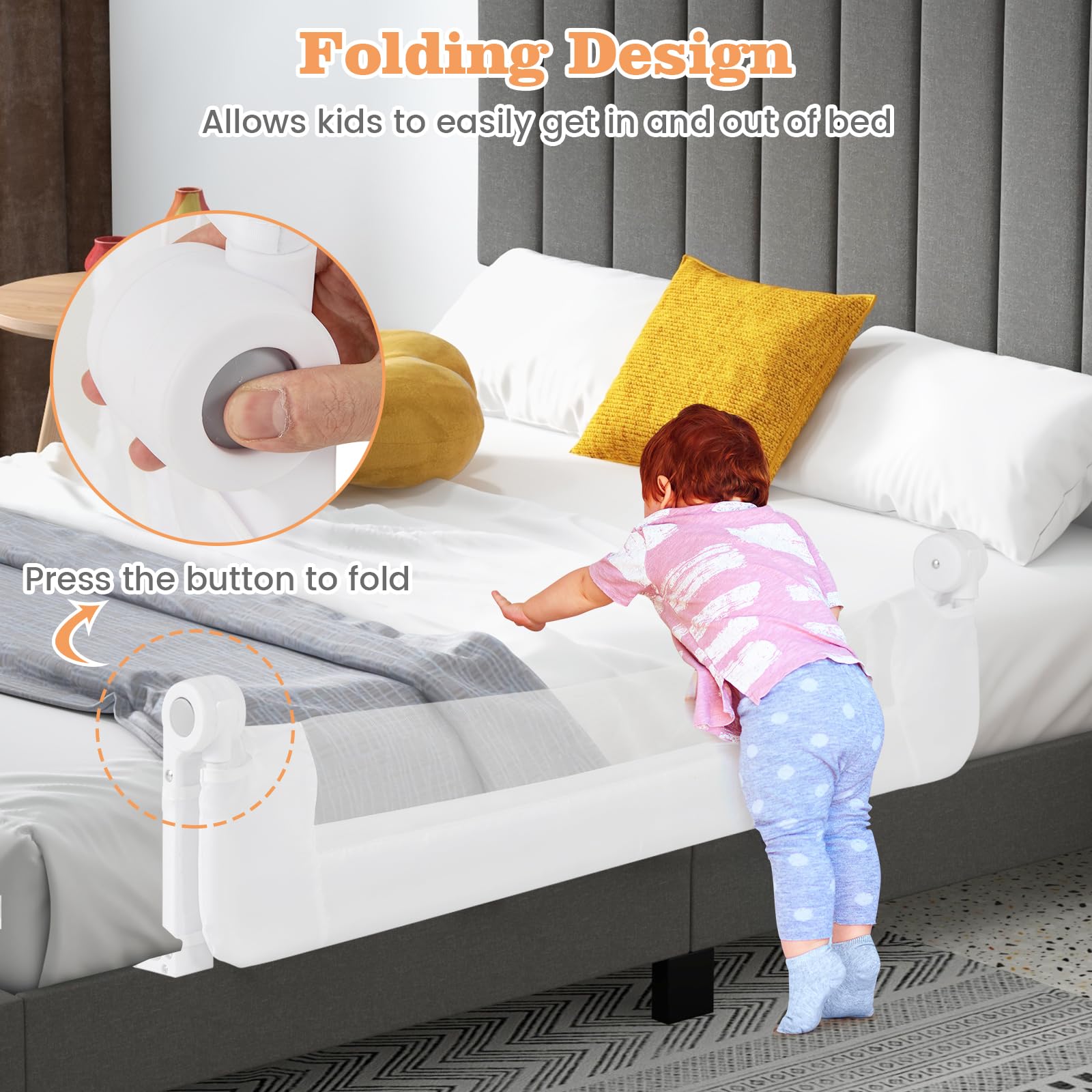 HONEY JOY Extra Long Foldable Portable Swing Down Safety Bed Rail for Toddlers - 47 Inch White Bed Guard Rail for Crib, Twin, Full, Queen & King Size Mattresses - Perfect for Travel, Home & Child Safety (1 Pack)