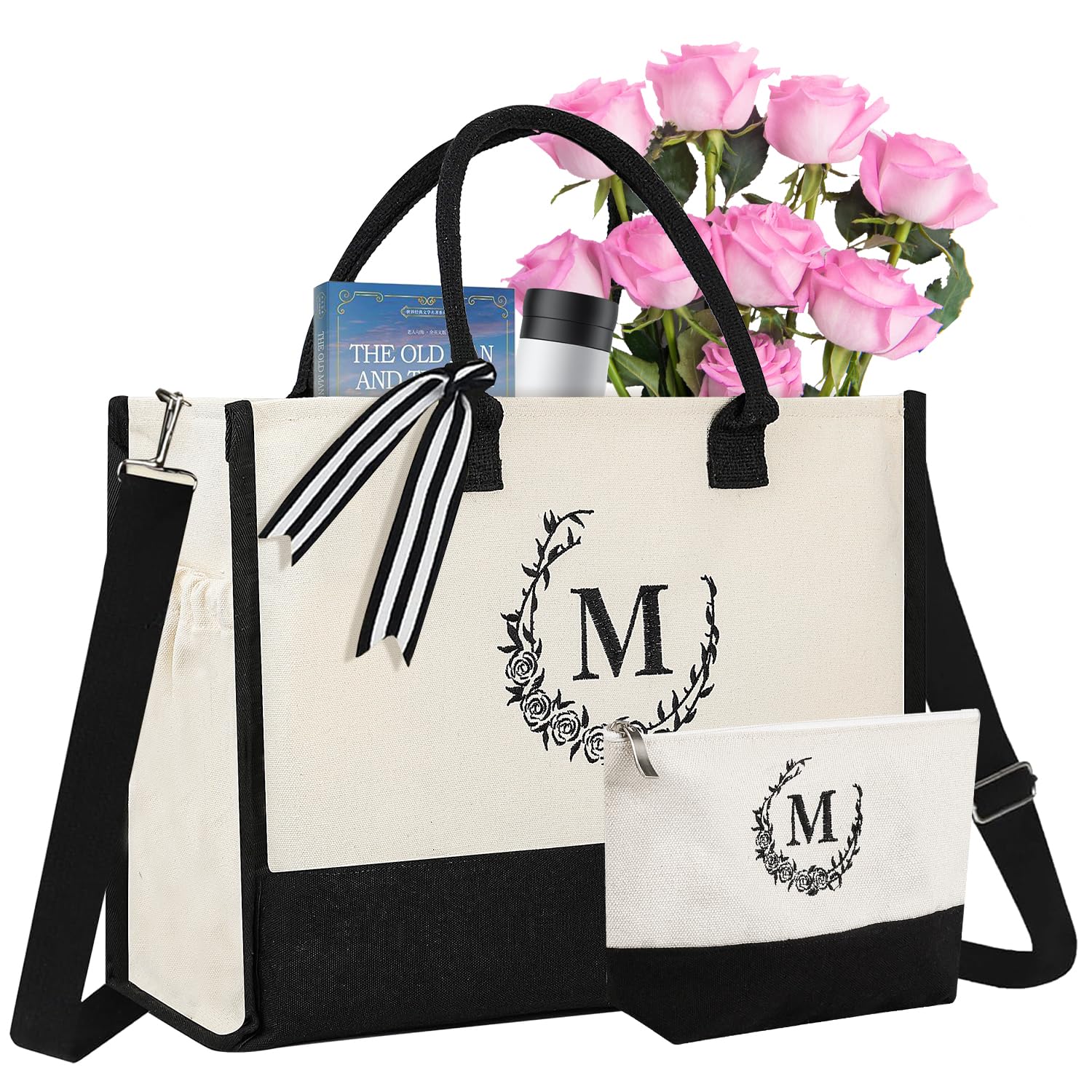 Personalized Floral Monogram Tote Bag with Matching Makeup Pouch - Large Canvas Beach Bag, Travel Tote for Women, Moms & Grandmas - Perfect for Shopping, Vacation & Daily Use