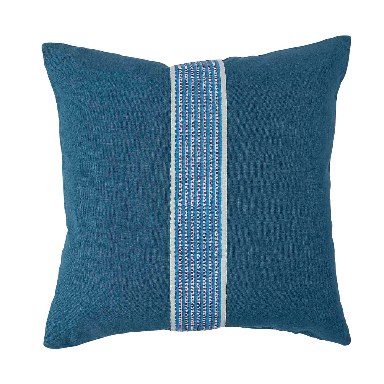 Dark Blue Linen Cushion Cover with Stripe & Dot Pattern - Blue/Red Tape Trim - Perfect for Sofa, Bed, and Home Decor