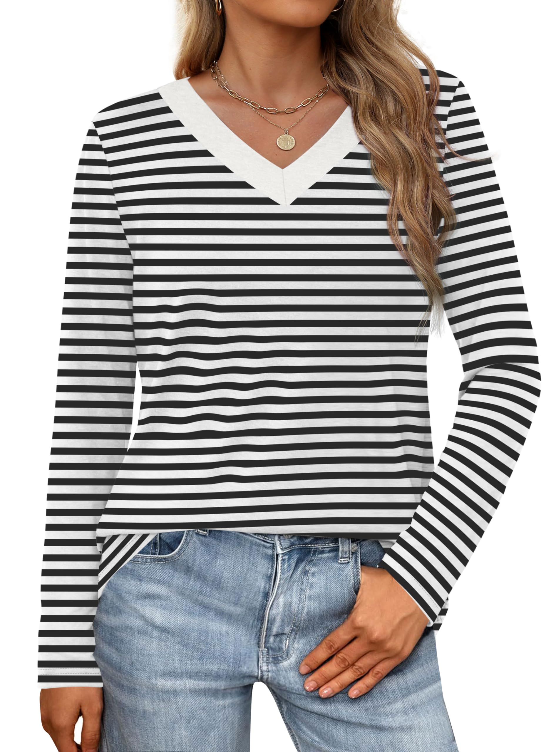 WIHOLL Women's Long Sleeve V-Neck Tunic Tops - Casual Fall Fashion Basic Shirts 2024 | Trendy T-Shirts for Work, Date Night & Everyday Wear