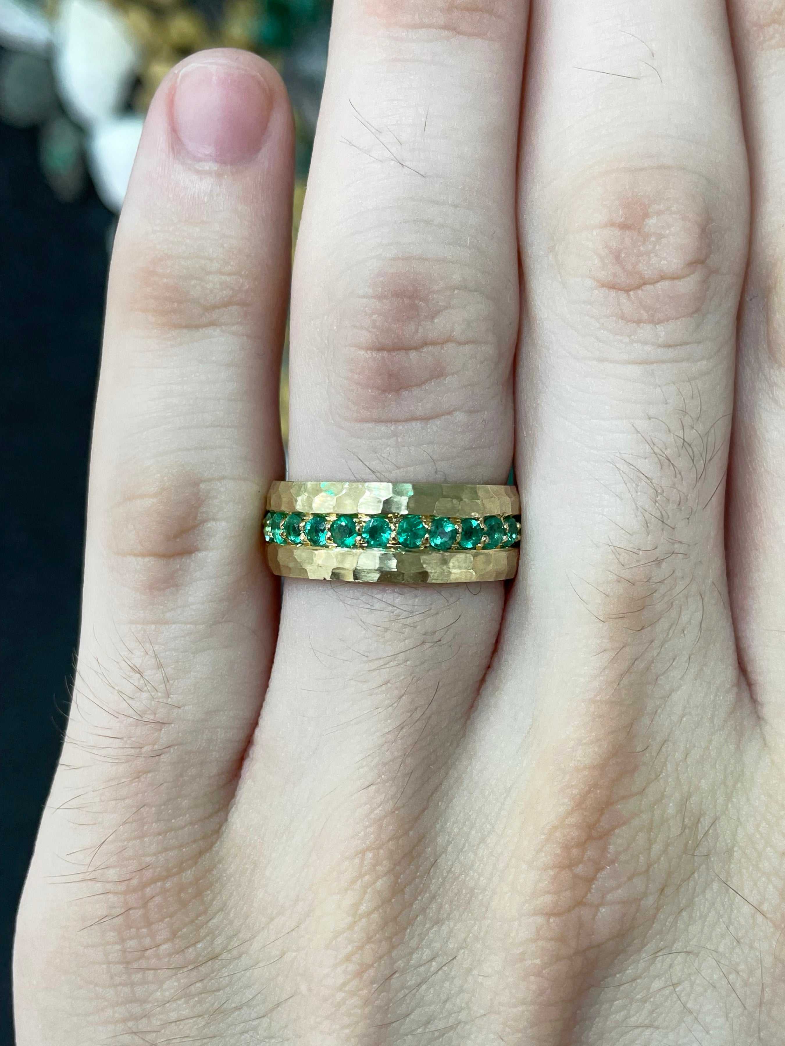 1.50tcw Custom Zambian Emerald Wedding Band - 8mm Wide 14K Gold Ring for Women, Engagement, Anniversary & Special Occasions