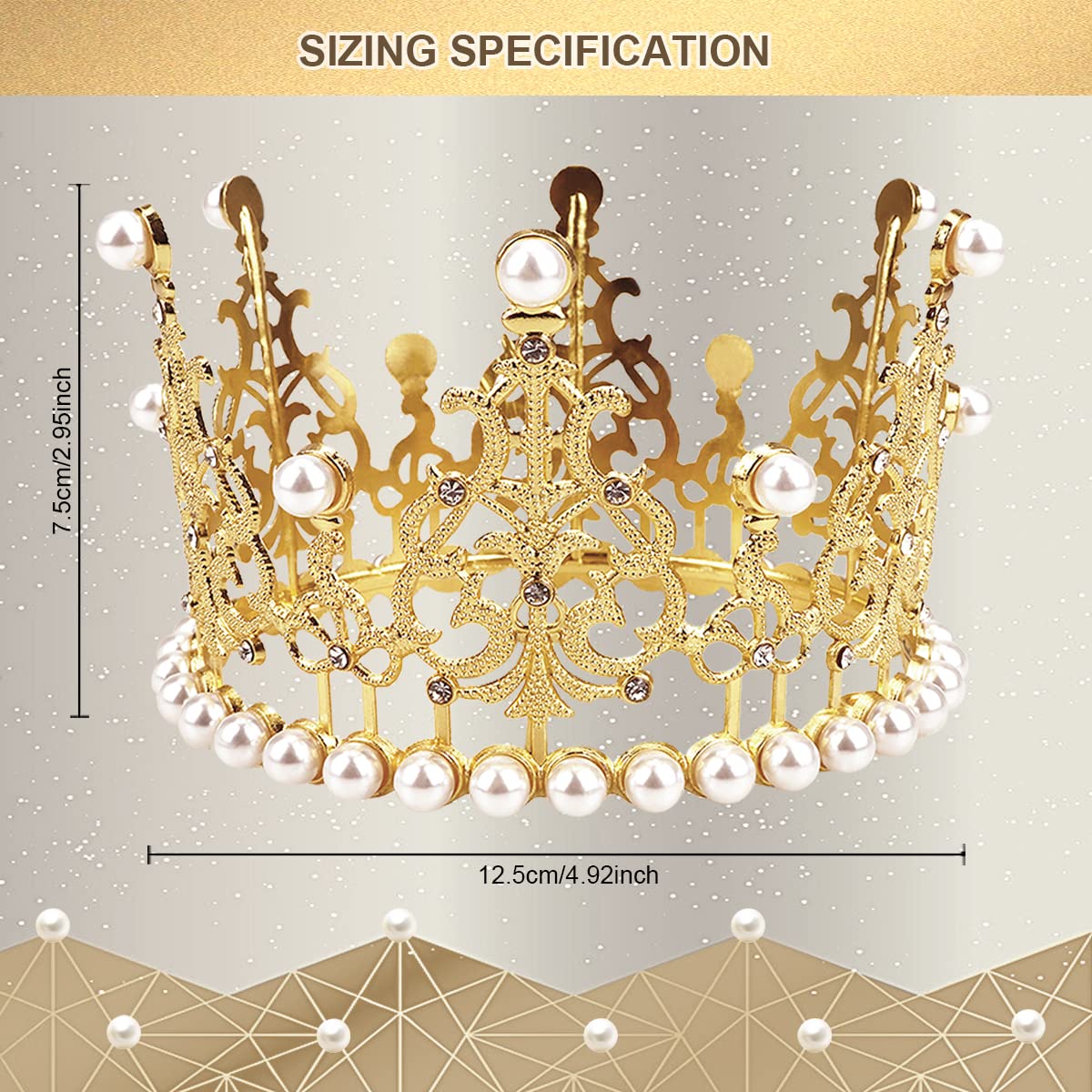 Elegant Gold Crown Cake Topper with Rhinestones & Pearls - Wedding, Birthday, Prince Themed Baby Shower Party Decorations - Perfect for Royal Celebrations, Princess Parties & Special Occasions