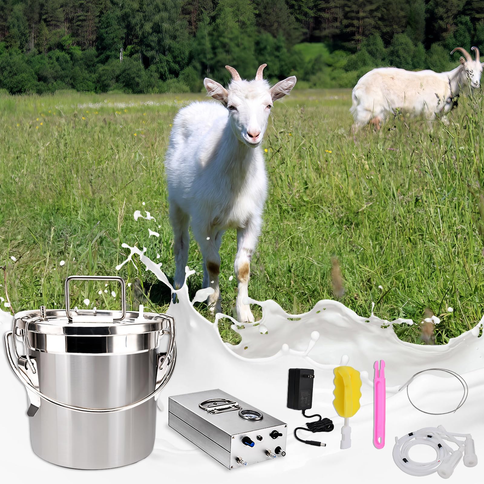 Portable Goat Milking Machine 6L - Stainless Steel Pulsating Vacuum Pump for Cows & Goats - Adjustable Speed & Auto Stop Valve - Easy Cleaning 304 Bucket | Ideal for Small Farms, Homesteads & Dairy Production