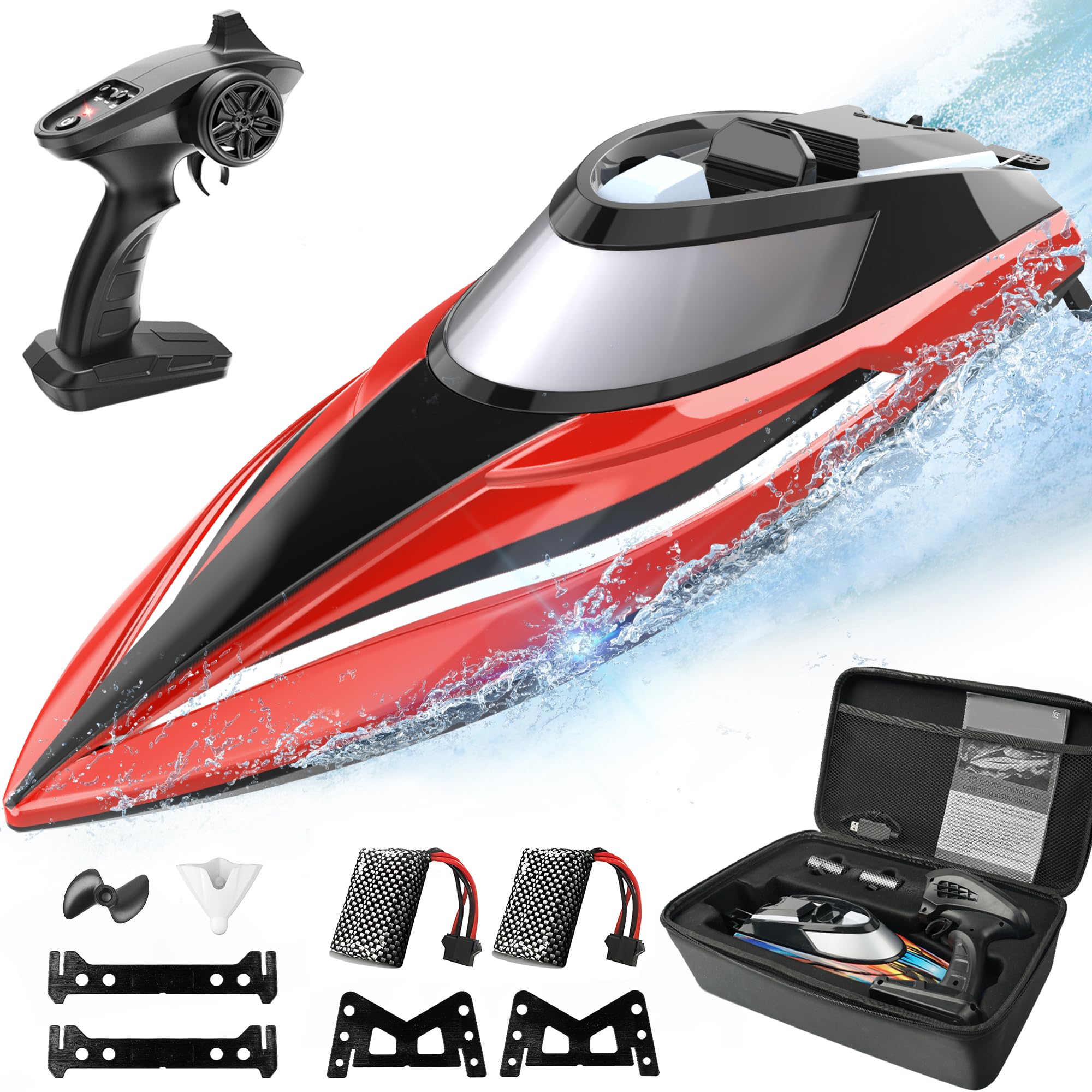 ALPHAREV R308 High-Speed Remote Control Boat - 32+ KPH Fast RC Racing Boat for Pools & Lakes, Self-Righting, 2.4Ghz, Portable Suitcase, One Key Demo - Perfect Water Toy & Birthday Gift for Boys, Girls, Adults - Great for Outdoor Play, Family Fun & Summer Activities