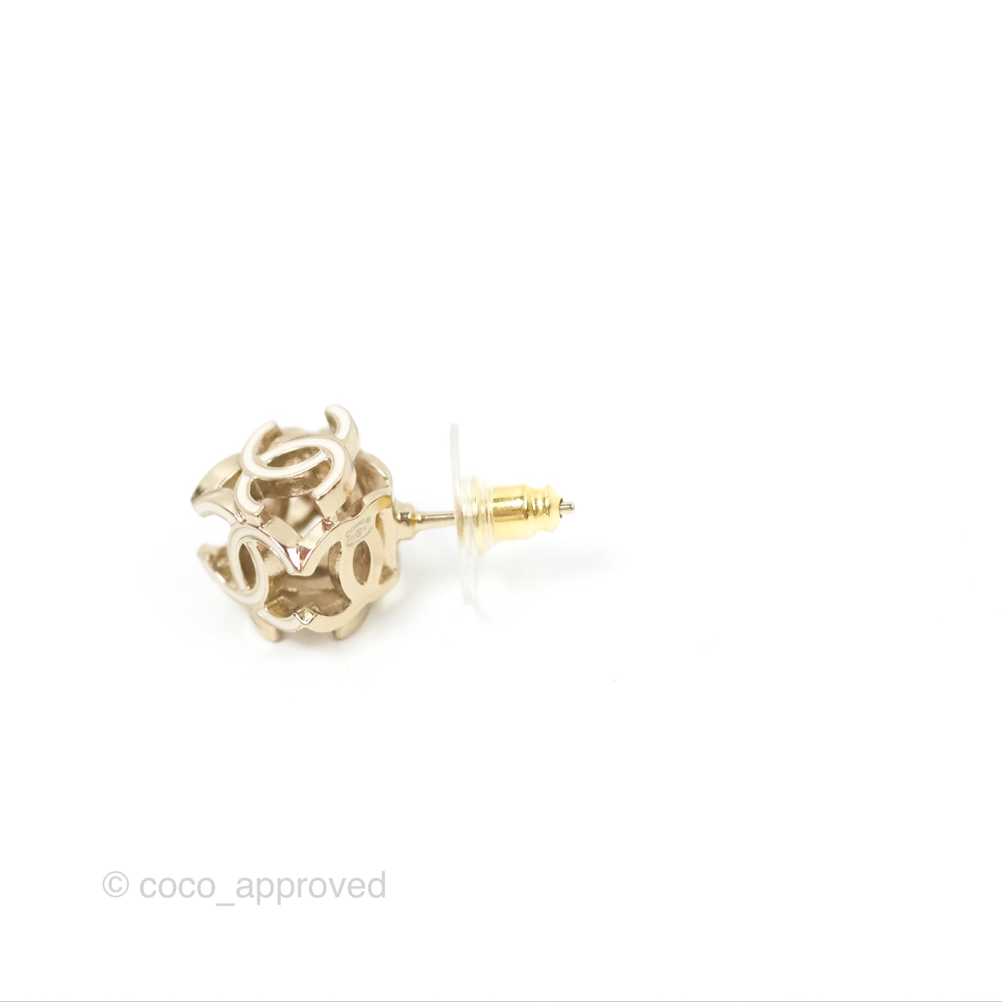 Chanel CC Gold and White Cube Earrings - 22K Gold Tone Fashion Jewelry for Women - Perfect for Parties, Weddings, and Special Occasions